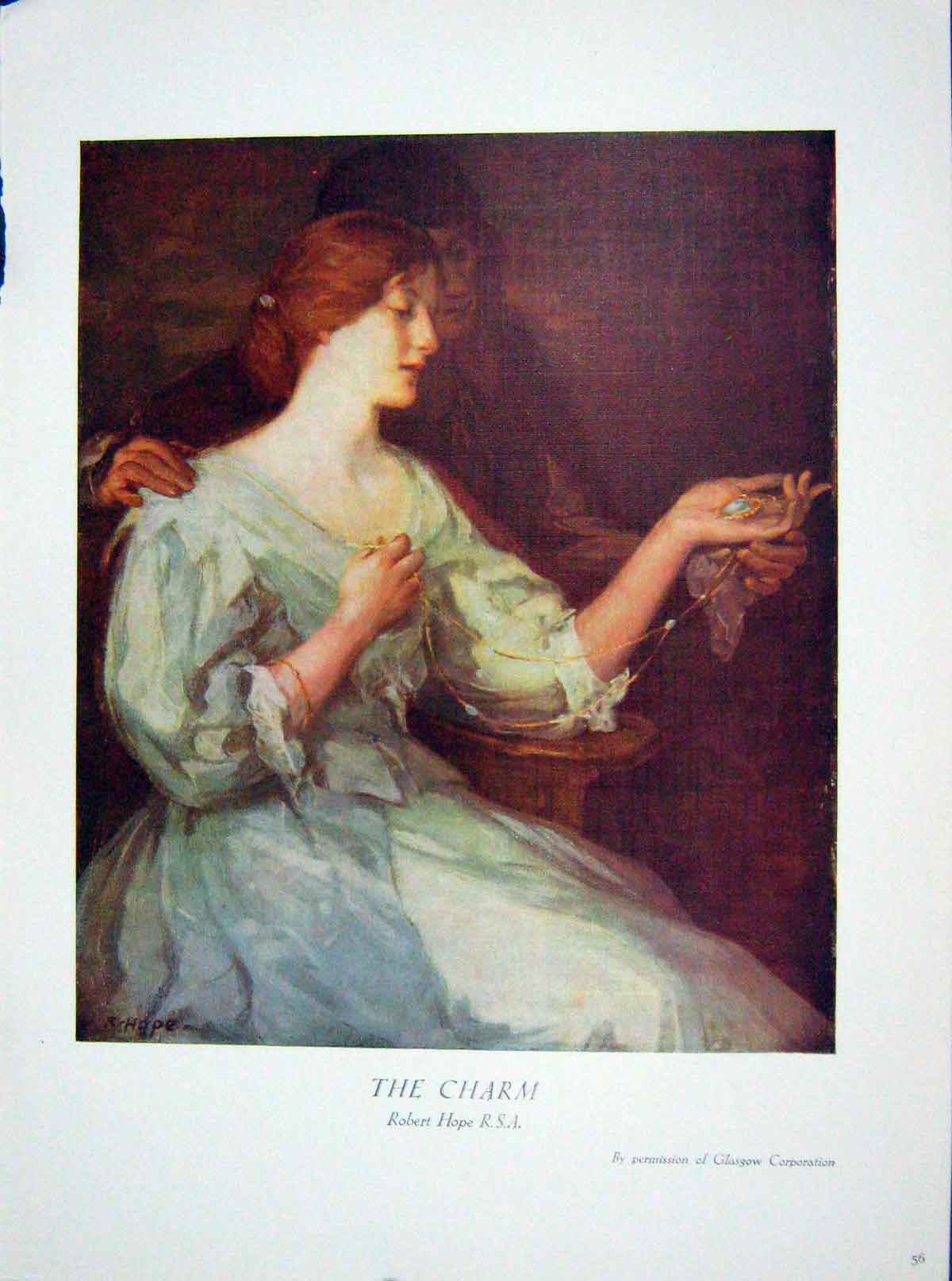 Original Old Antique Print C1910 Colour Robert Hope Lady Necklace Romance 20th