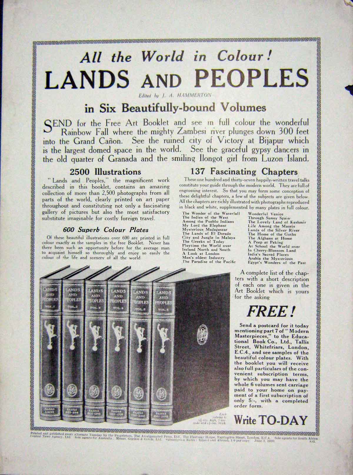 Old Antique Print C1910 Advertisement Lands People Books Fleetway House 20th