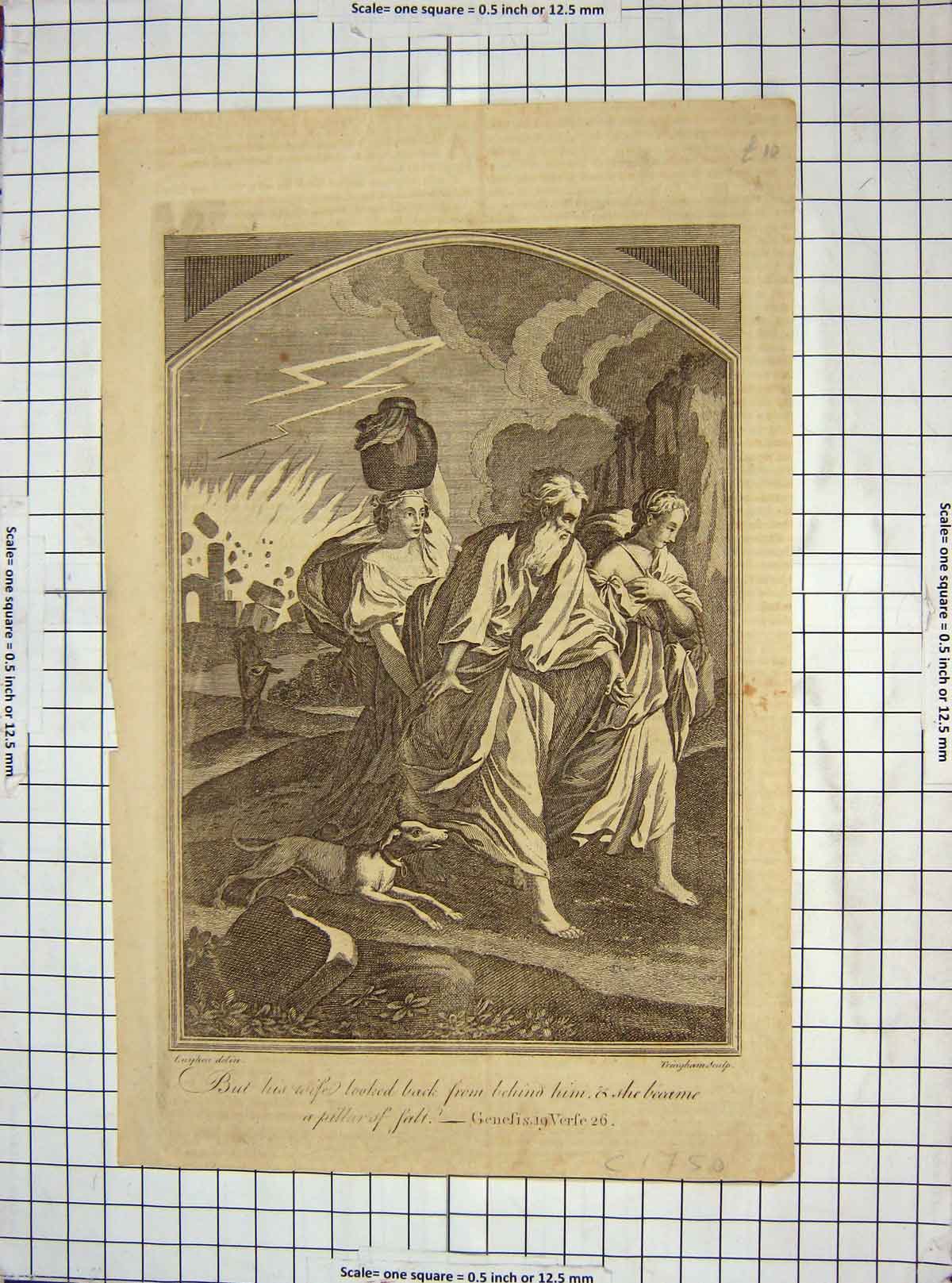 Original Old Antique Print C1795 Religion Men Family Dog Explosion Engraving