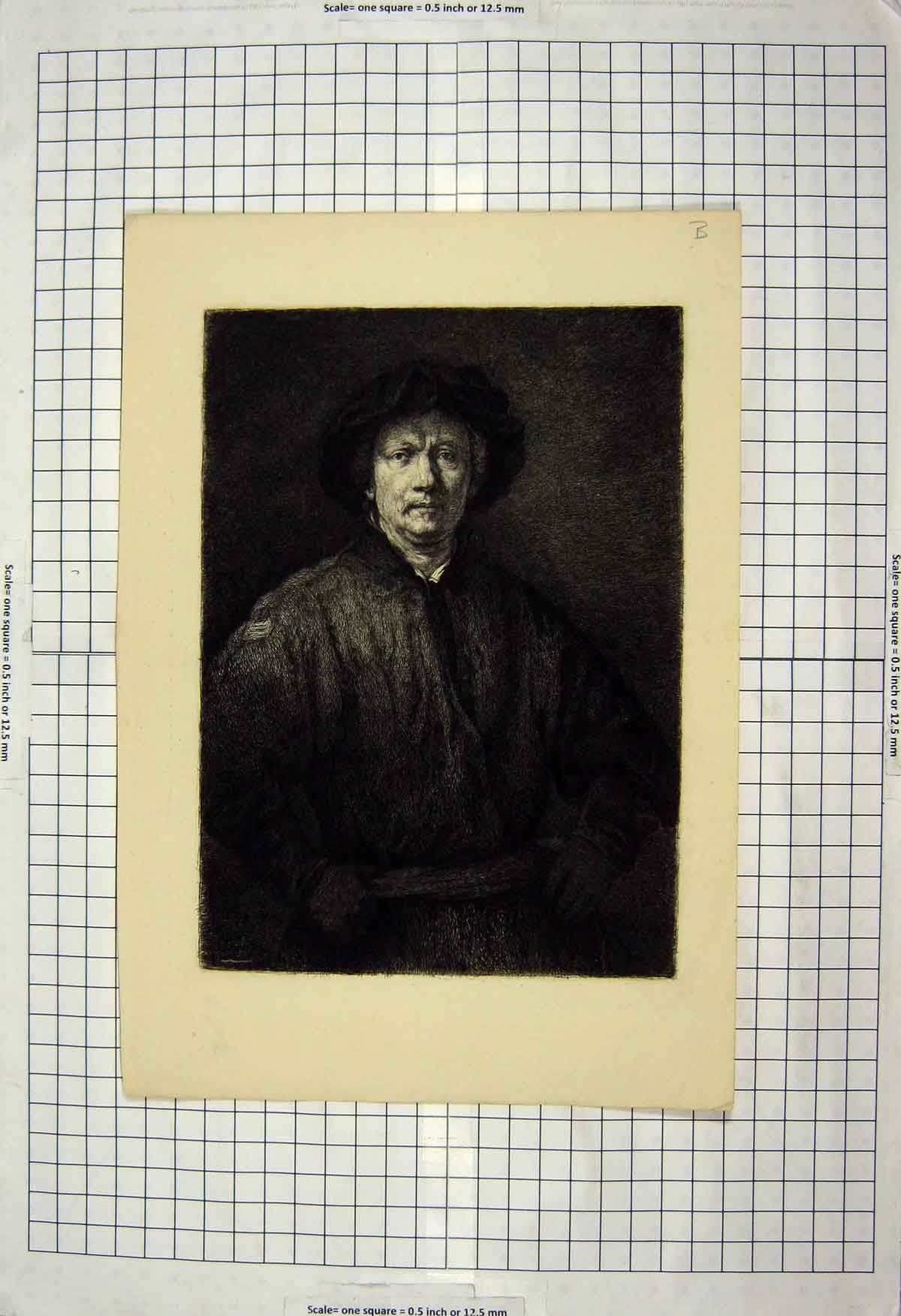Original Old Antique Print 1900-1960 Portrait Man Hat Fine Art 20th