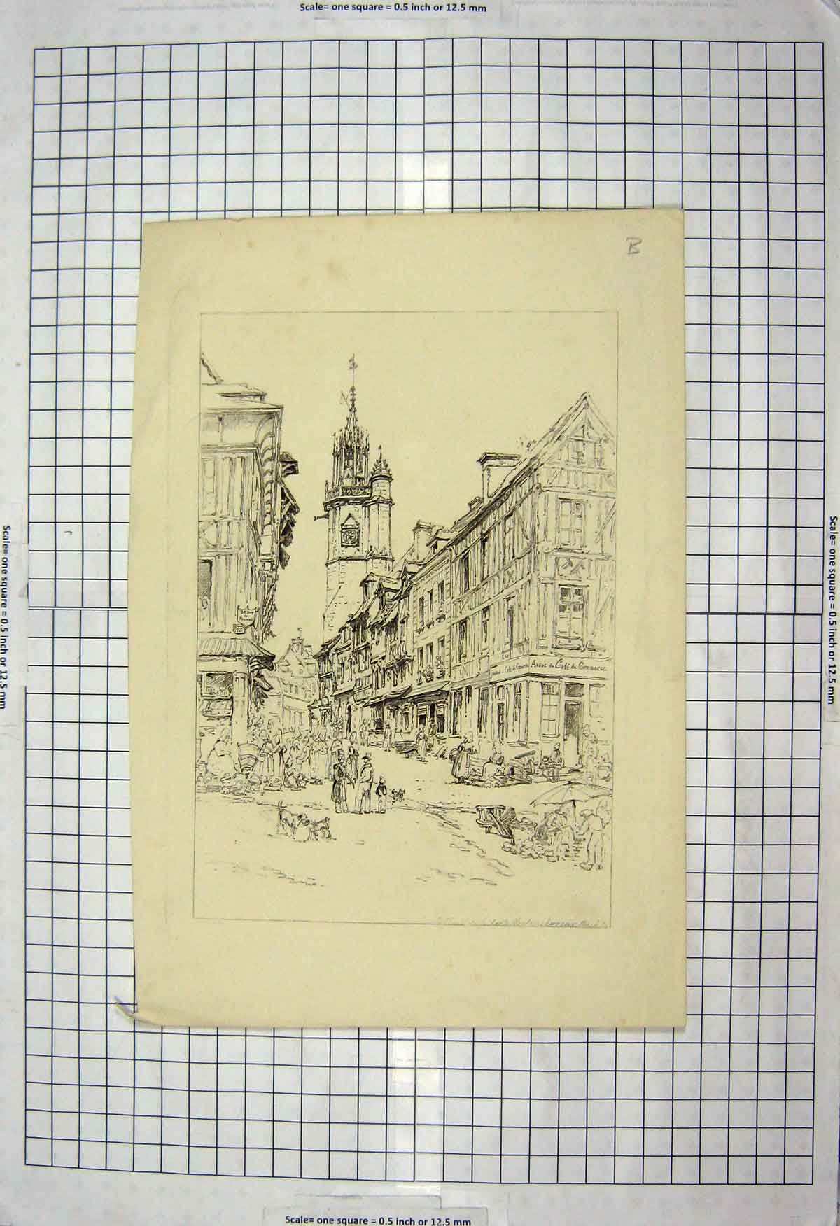 Original Old Antique Print 1900-1960 Street Scene Architecture 20th