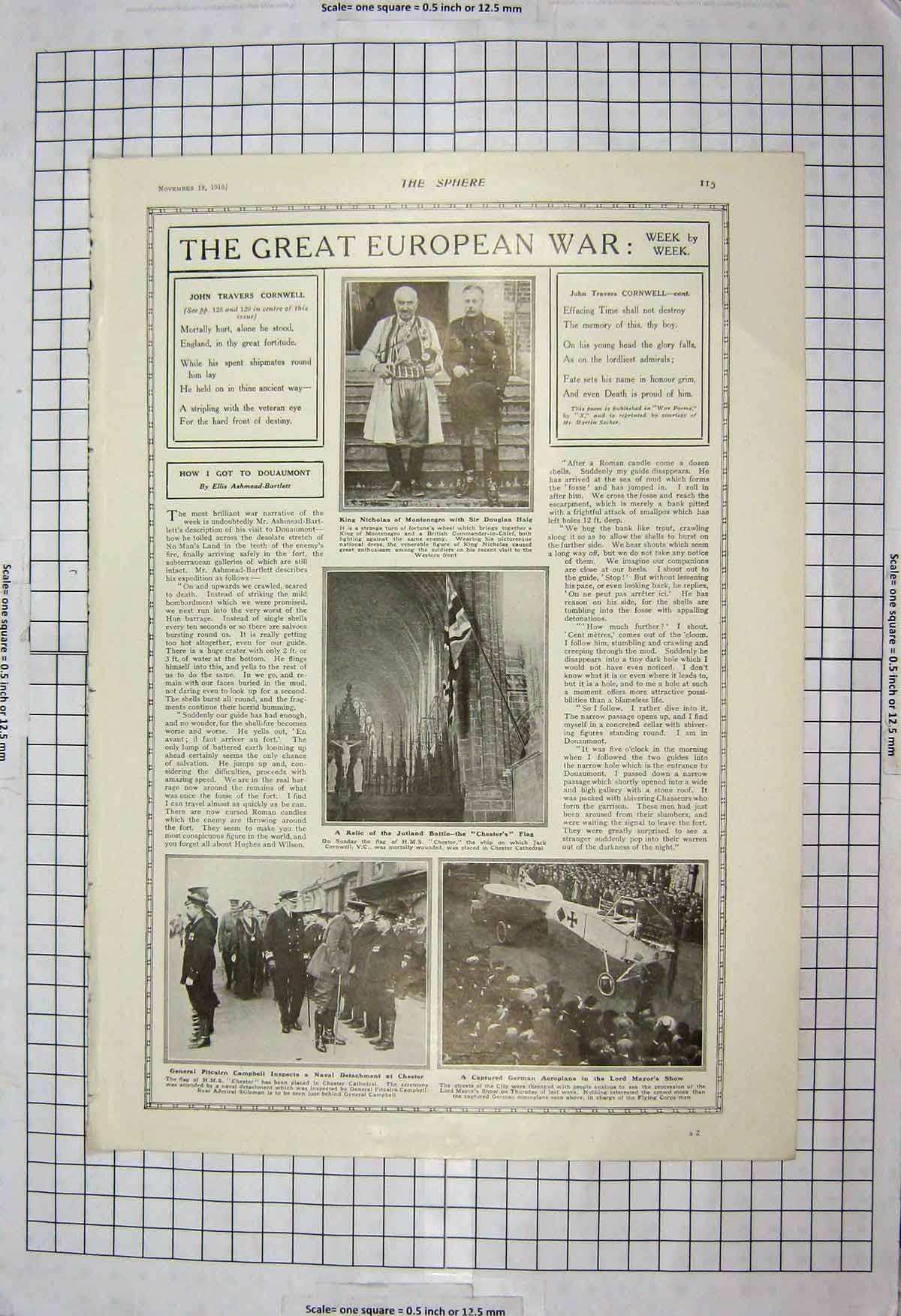 Original Old Antique Print 1916 King Nicholas Douglas Haig Jutland War Campbell