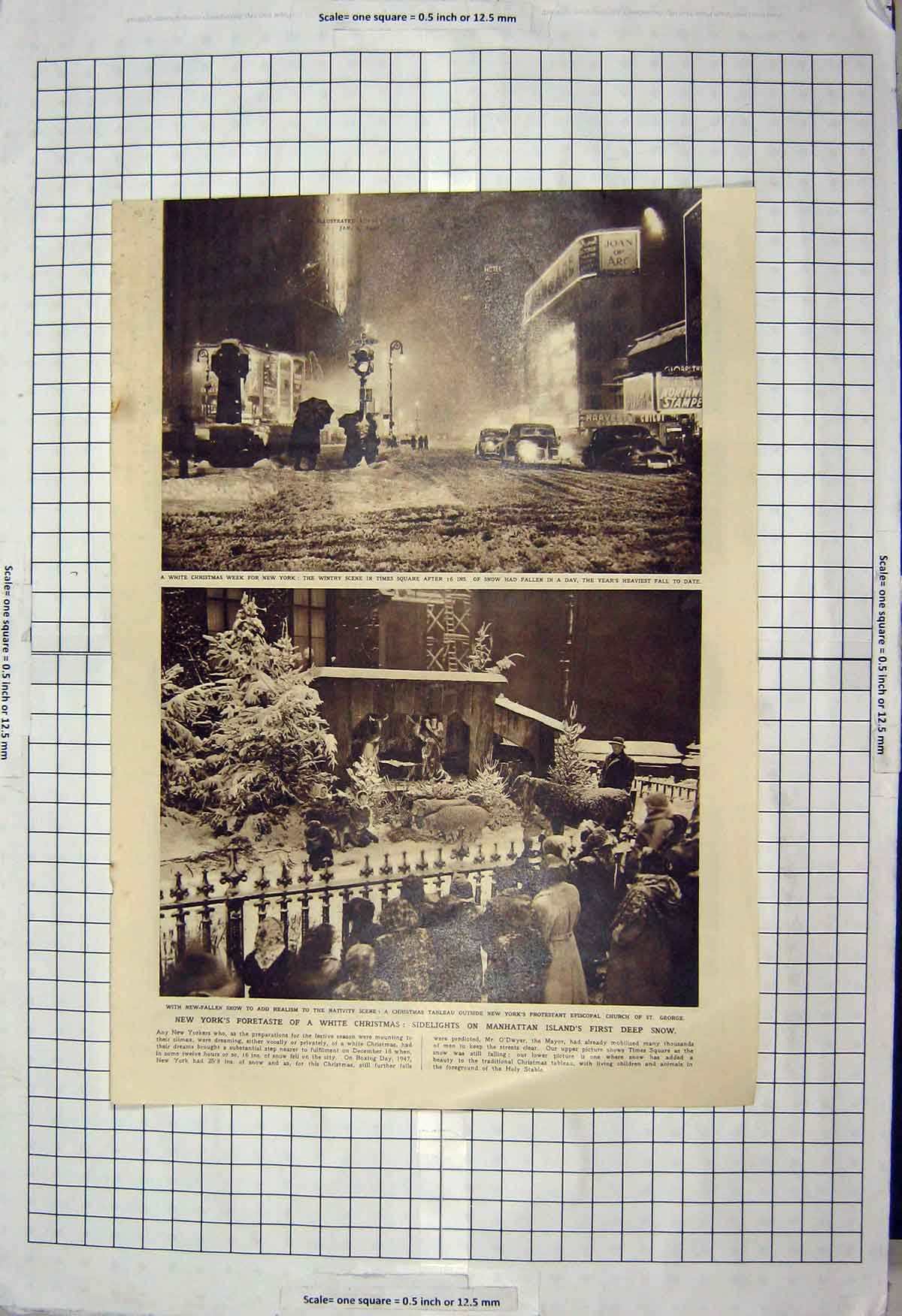 Original Old Vintage Print 1949 New York Snow Manhattan Sandhurst O'Kelly Rees