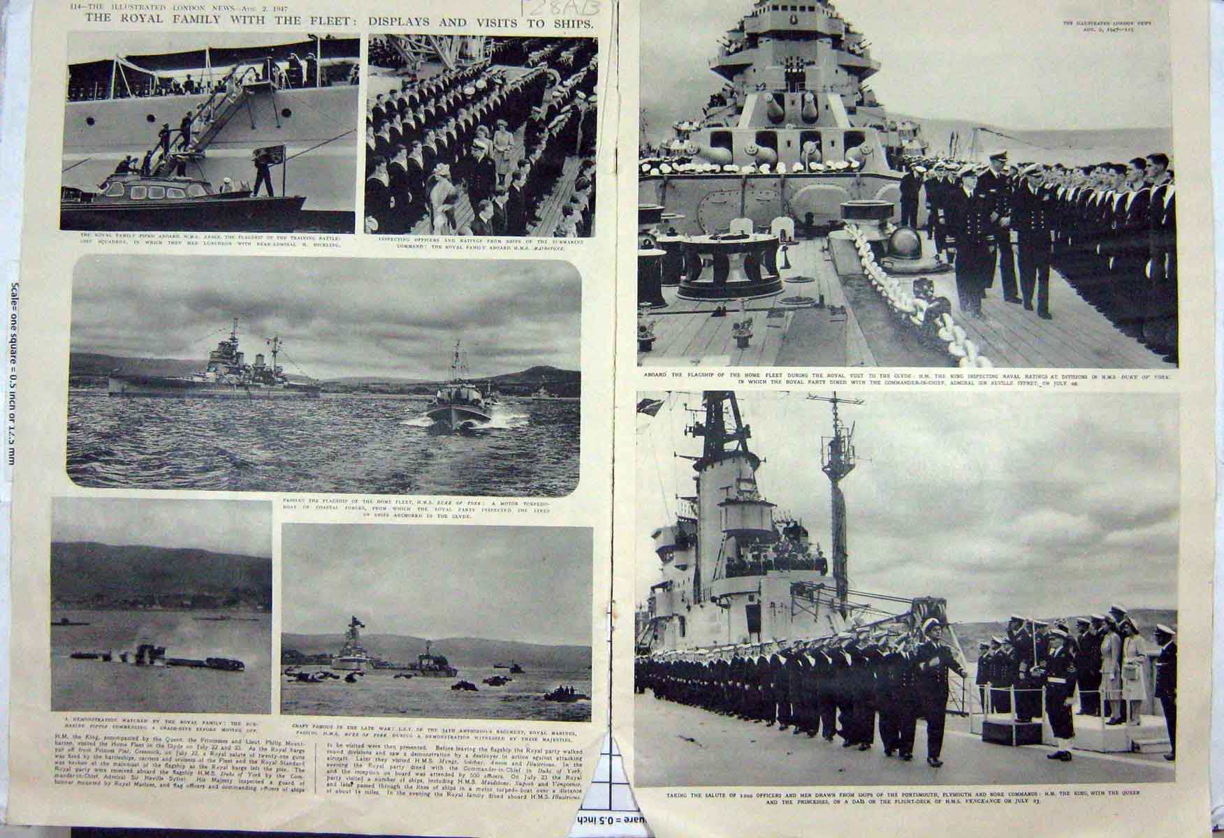 Rare Old Orginal Antique Print 1947 Royal Family Navy Ship Illustrious Aret 20th