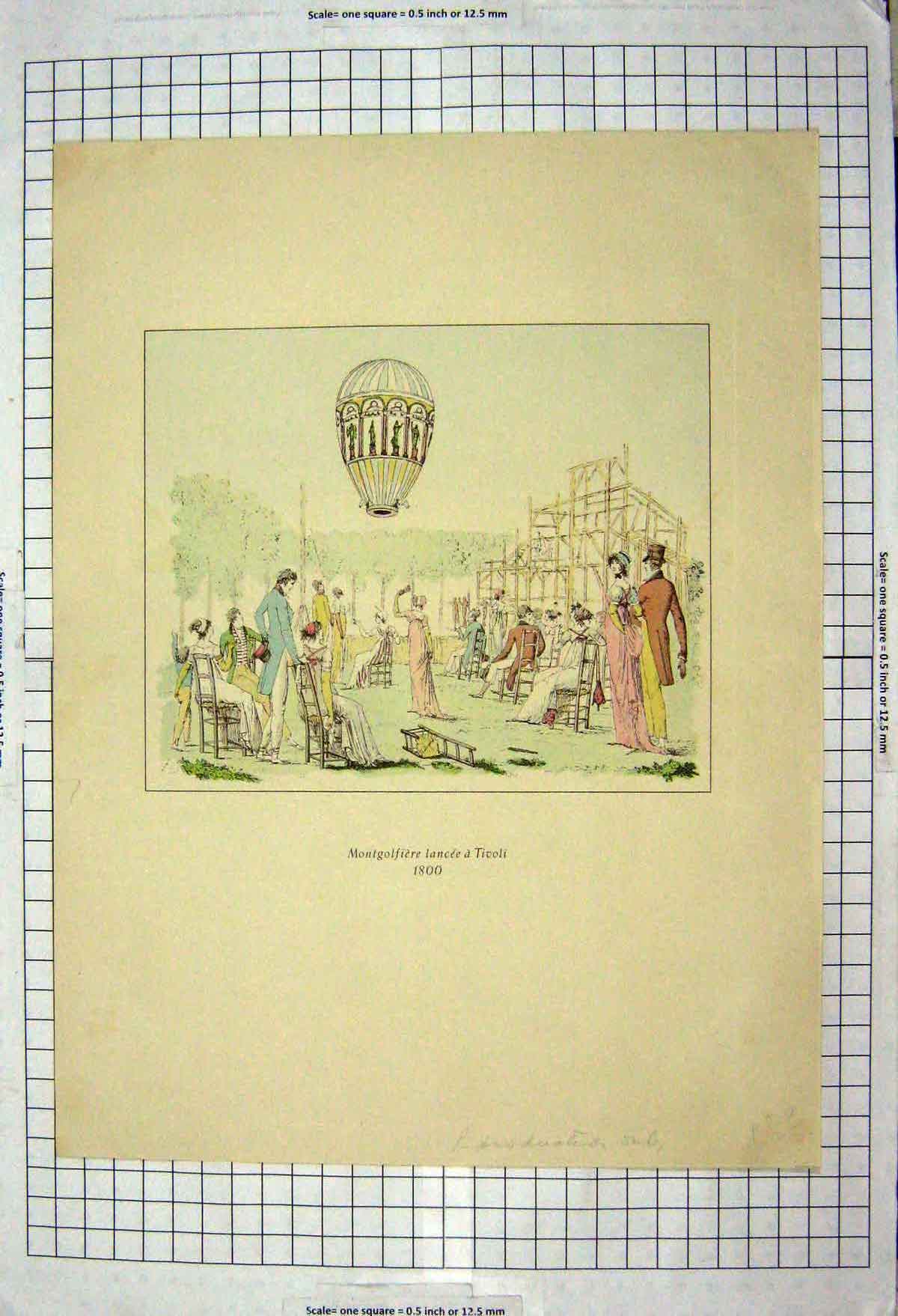 Original Old Antique Print 1800 Colour Ladies Men Garden Party Balloon 19th