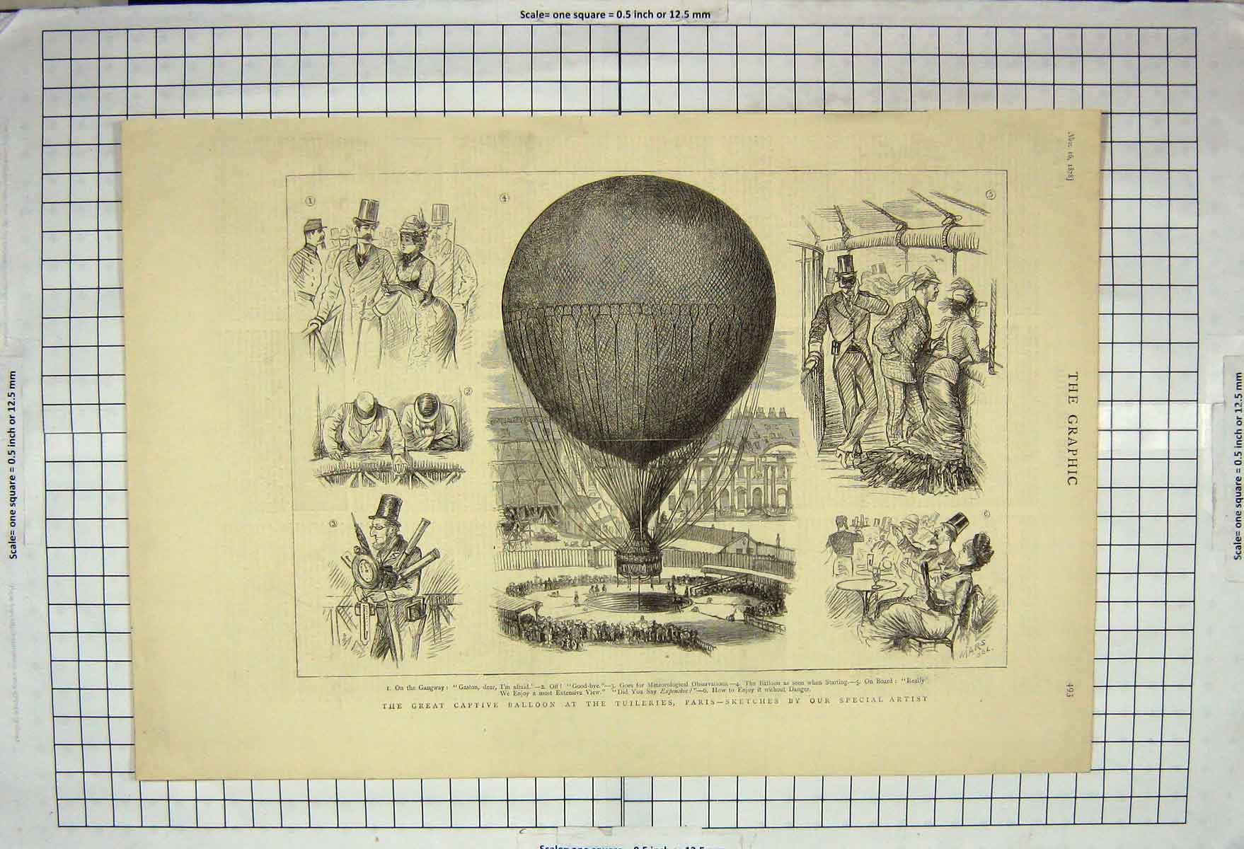 Original Old Antique Print 1878 Captive Balloon Tuileries Paris France Gaston