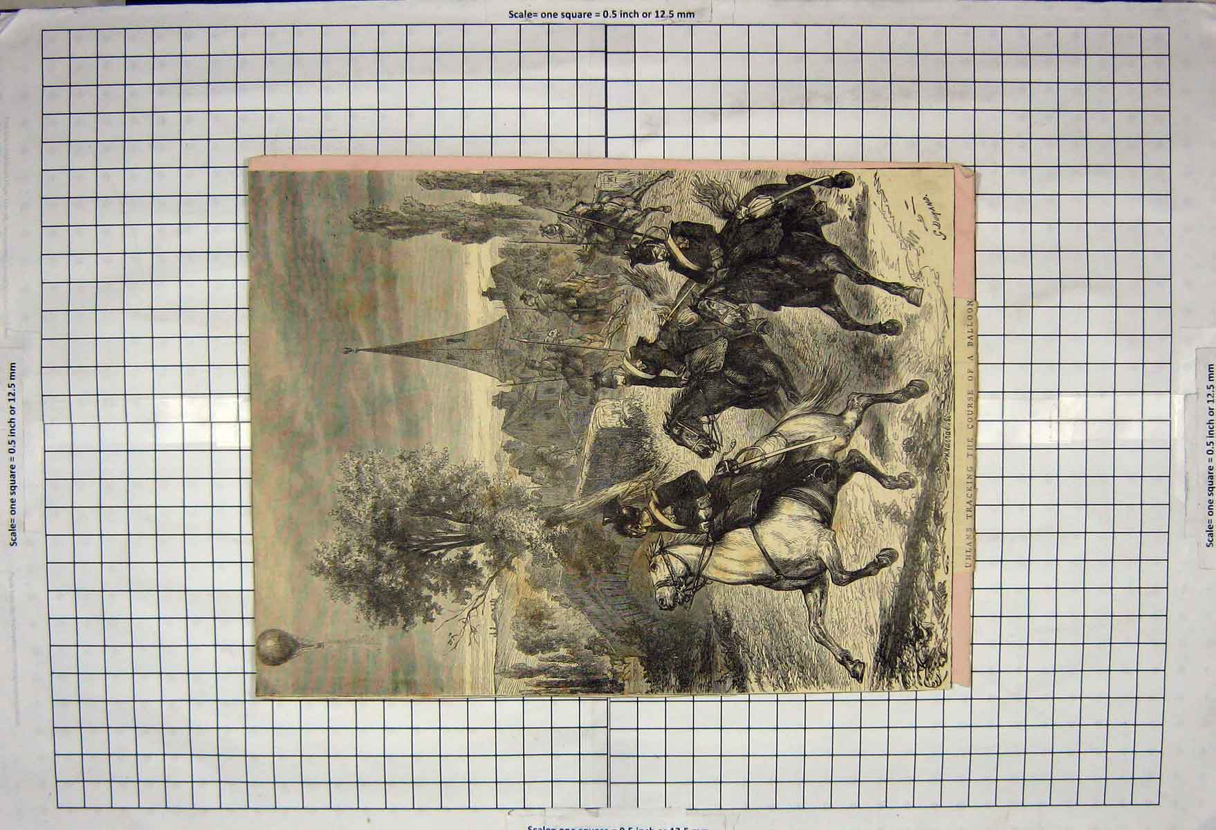 Original Old Antique Print Uhlans Tracking Balloon Siers Horses