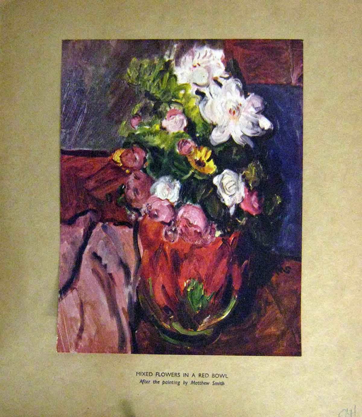 Original Old Antique Print C1910 Mixed Flowers Red Bowl Matthew Smith Colour