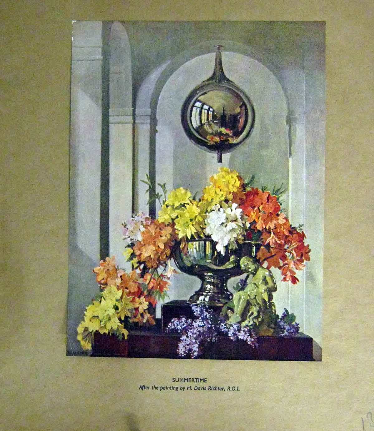 Original Old Antique Print C1910 Summertime Flowers Davis Richter Colour 20th