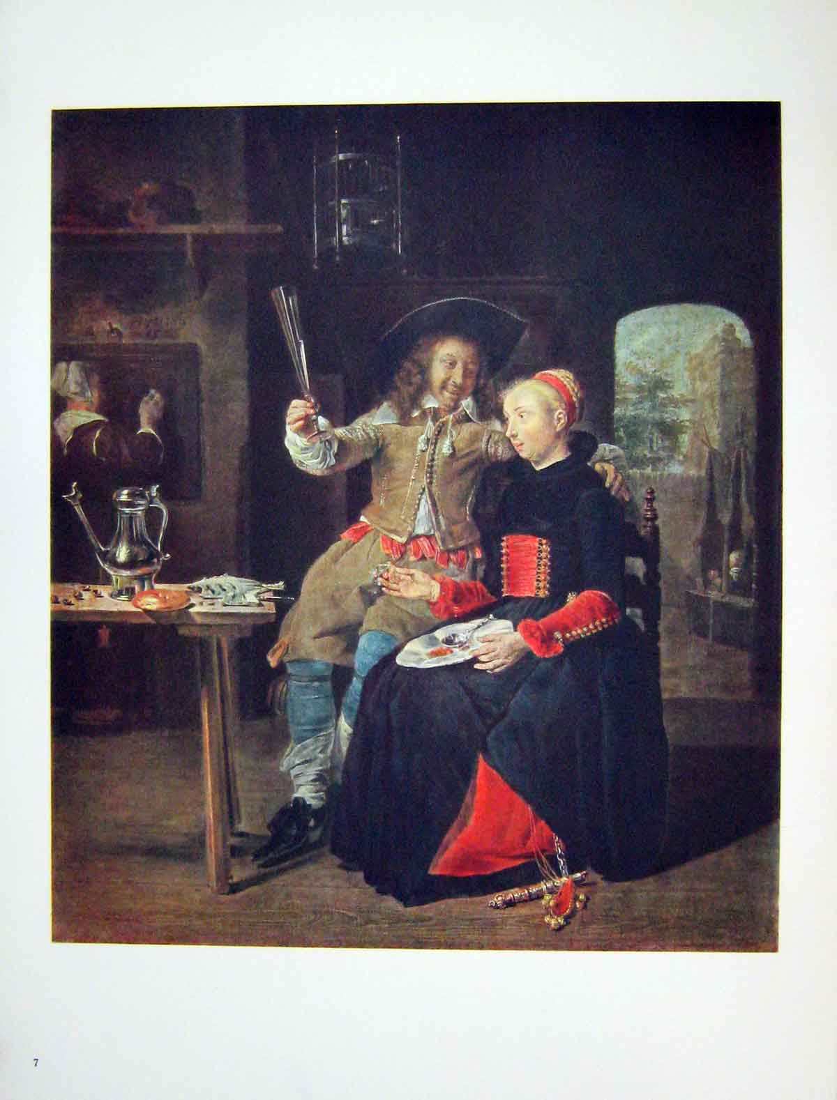 Original Old Vintage Print 1962 German Art Gabriel Metsu Lady Man Romance 20th