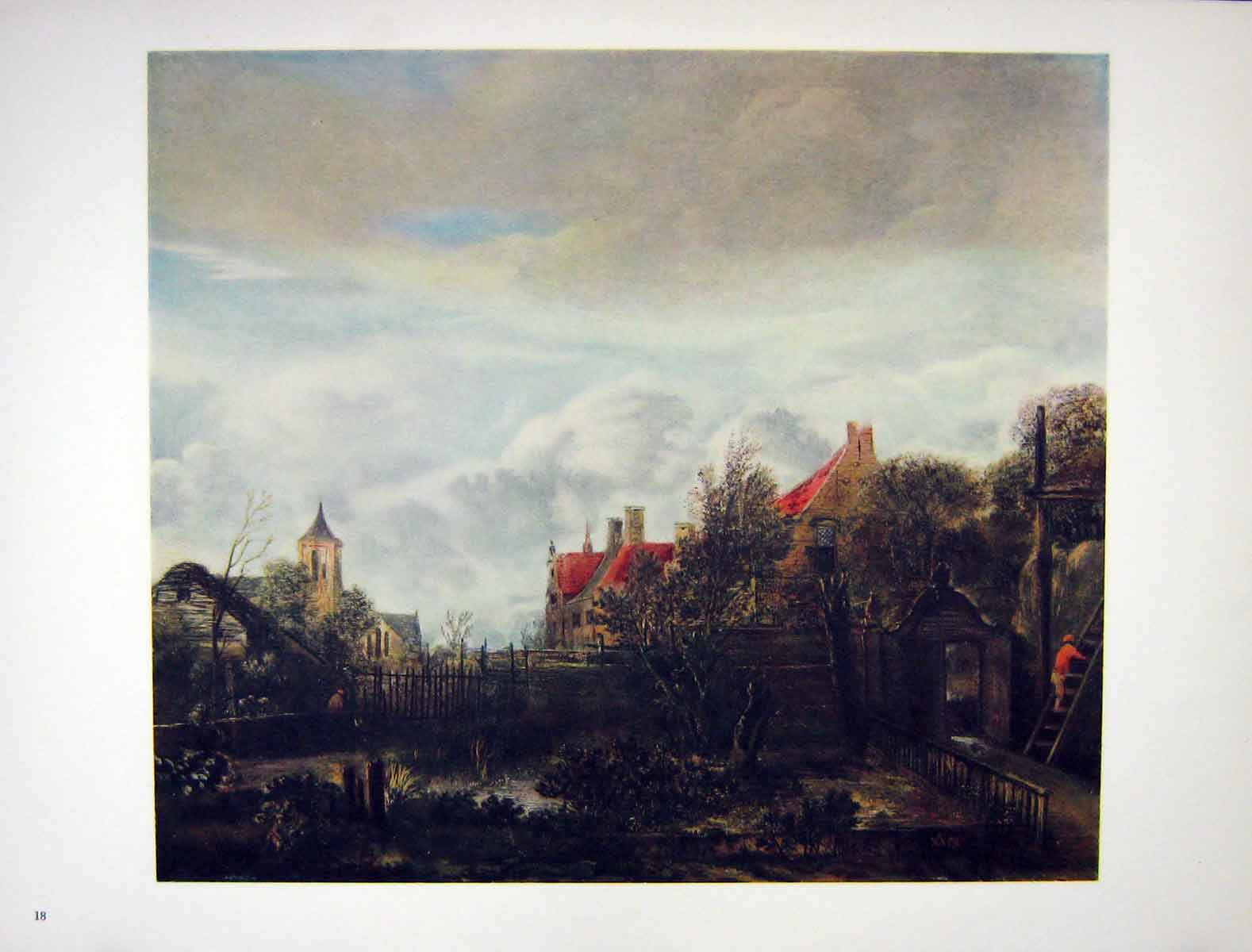 Original Old Vintage Print 1962 German Art Aert Van Der Neer Houses Church 20th