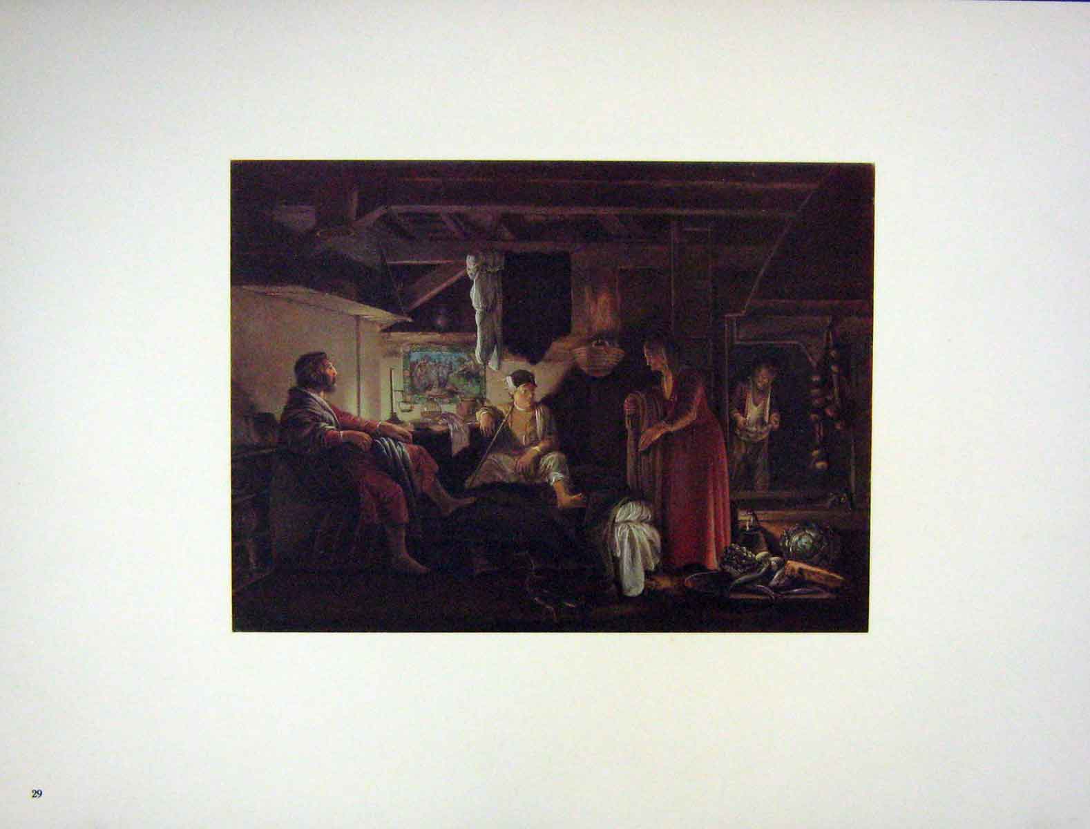 Original Old Vintage Print 1962 German Art Adam Elsheimer Men House Room Food