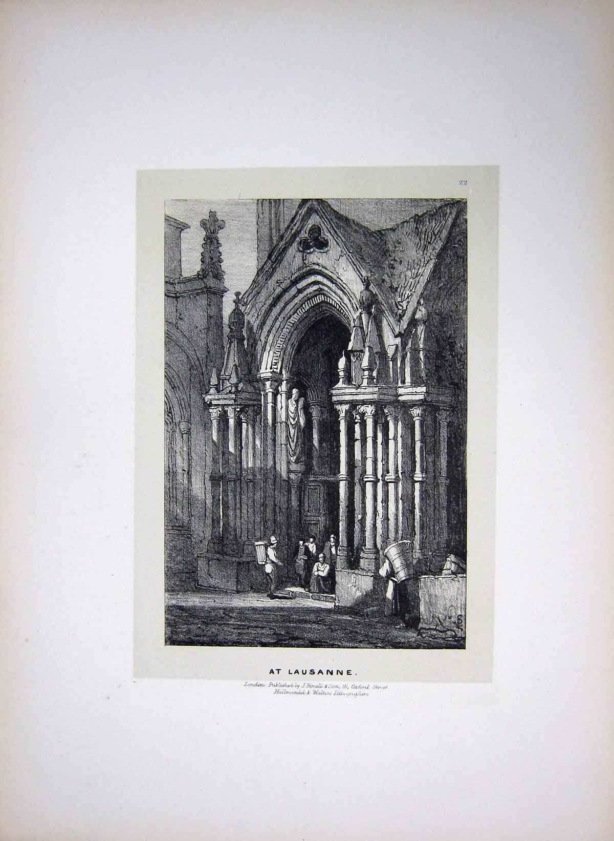 Original Old Antique Print Samuel Prout Sketch Scene Lausanne Rimell
