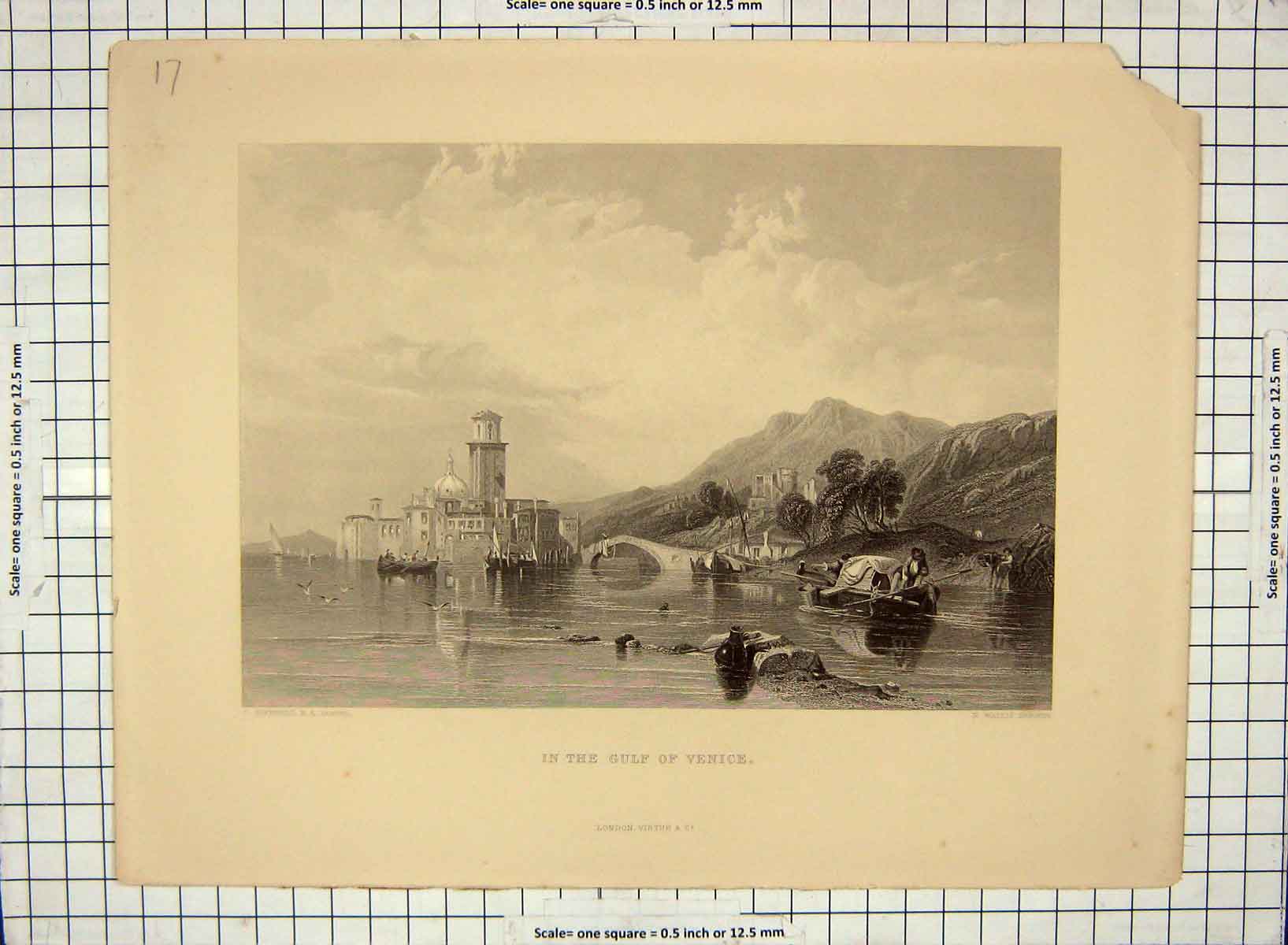 Original Old Antique Print View Gulf Venice Boats Buildings Stanfield Wallis