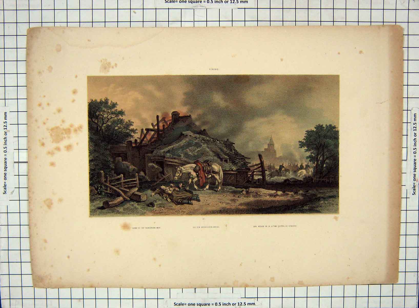 Original Old Antique Print Colour Scene Hungarian War Battle Siers