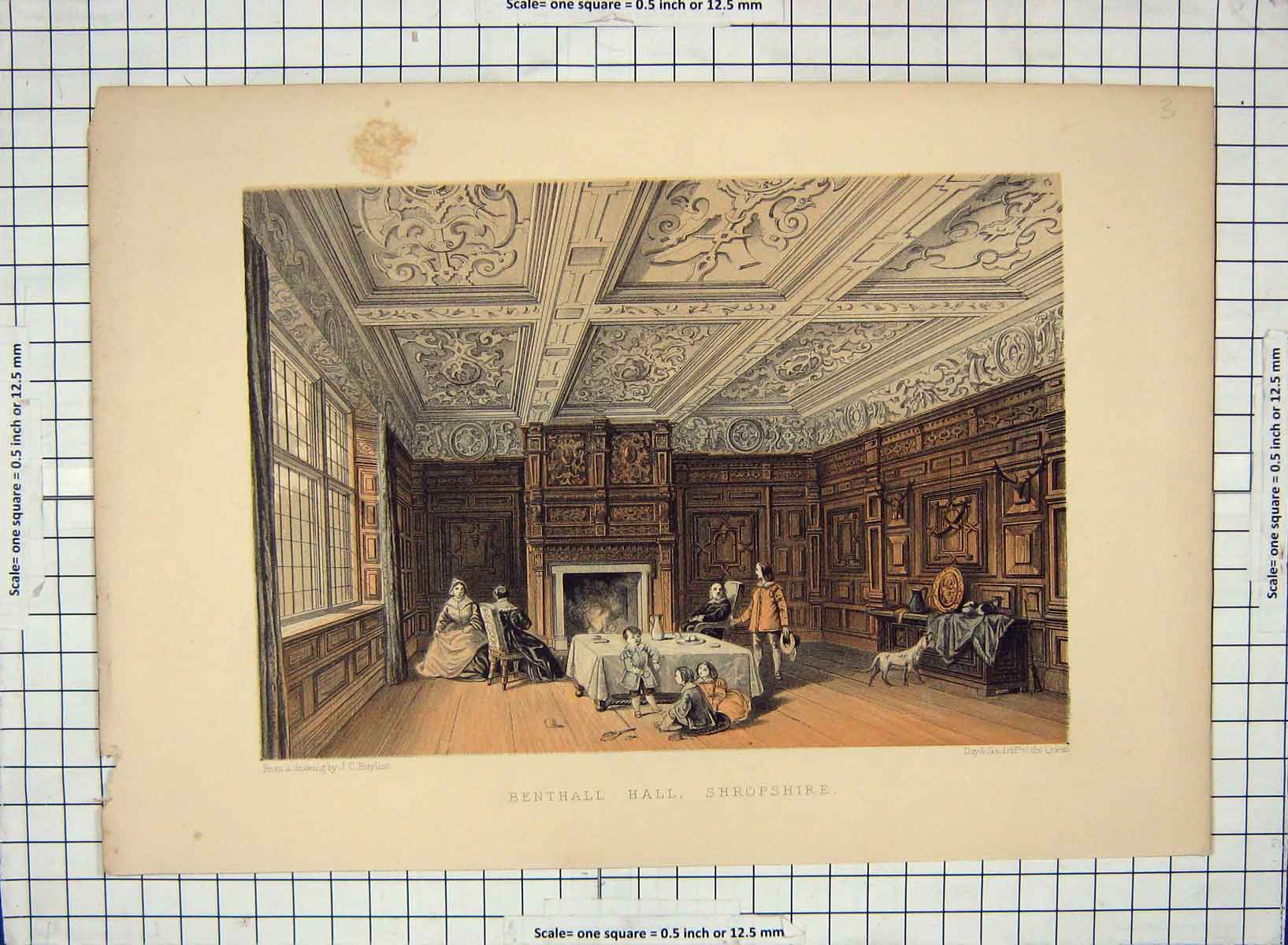Original Old Antique Print Interior Benthal Hall Shropshire Bayliss Engraving