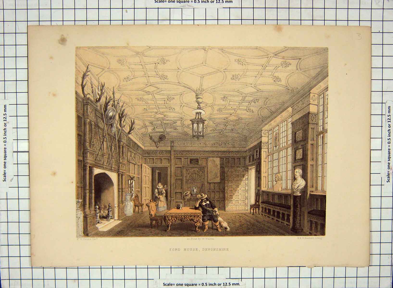 Original Old Antique Print Interior Ford House Devonshire Hulme Engraving