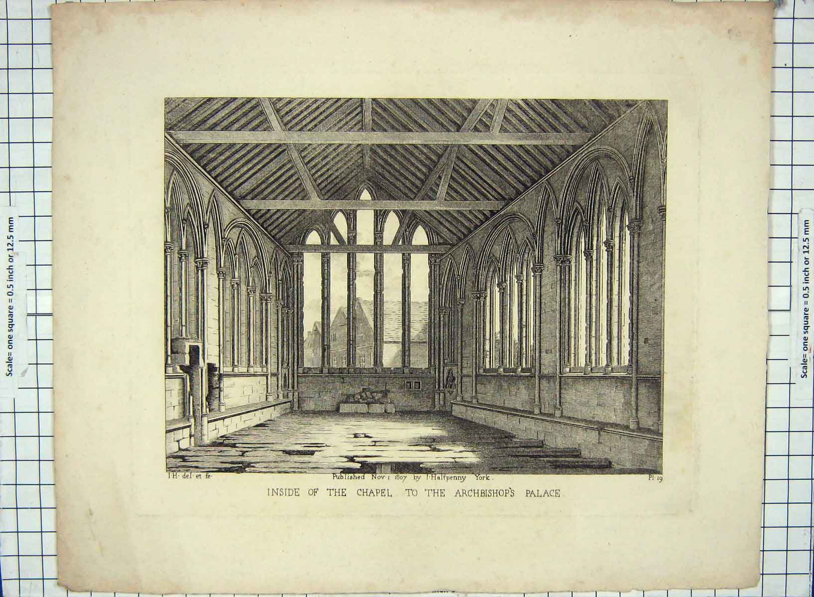 Old Antique Print Interior Chapel Archbishop Palace 1807 Halfpenny York 19th