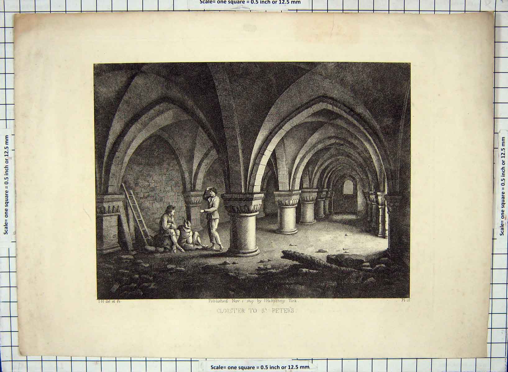Old Antique Print 1807 Interior Cloisters St. Peters Cathedral Halfpenny 19th
