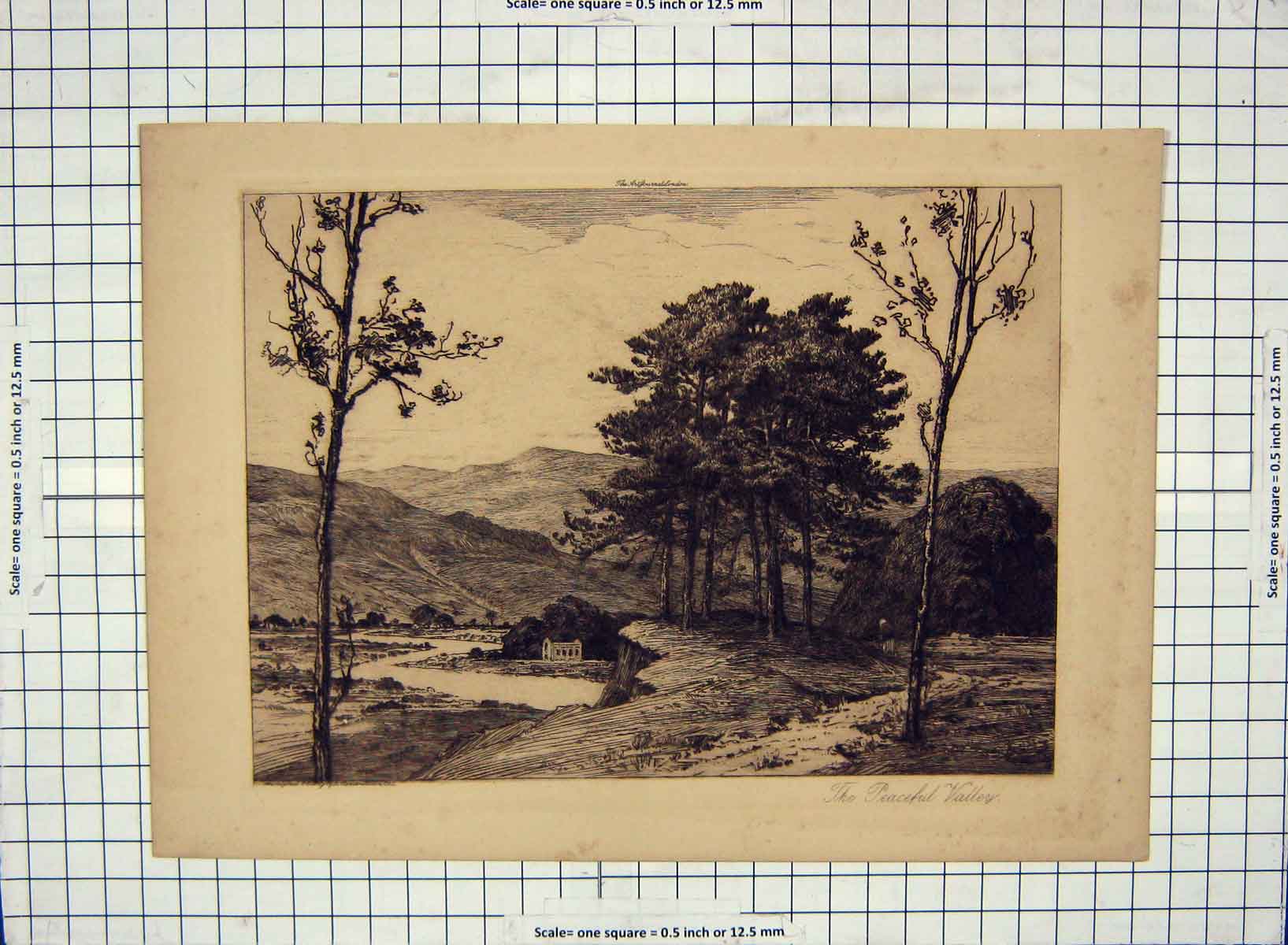Original Old Antique Print View Peaceful Valley Mountains River
