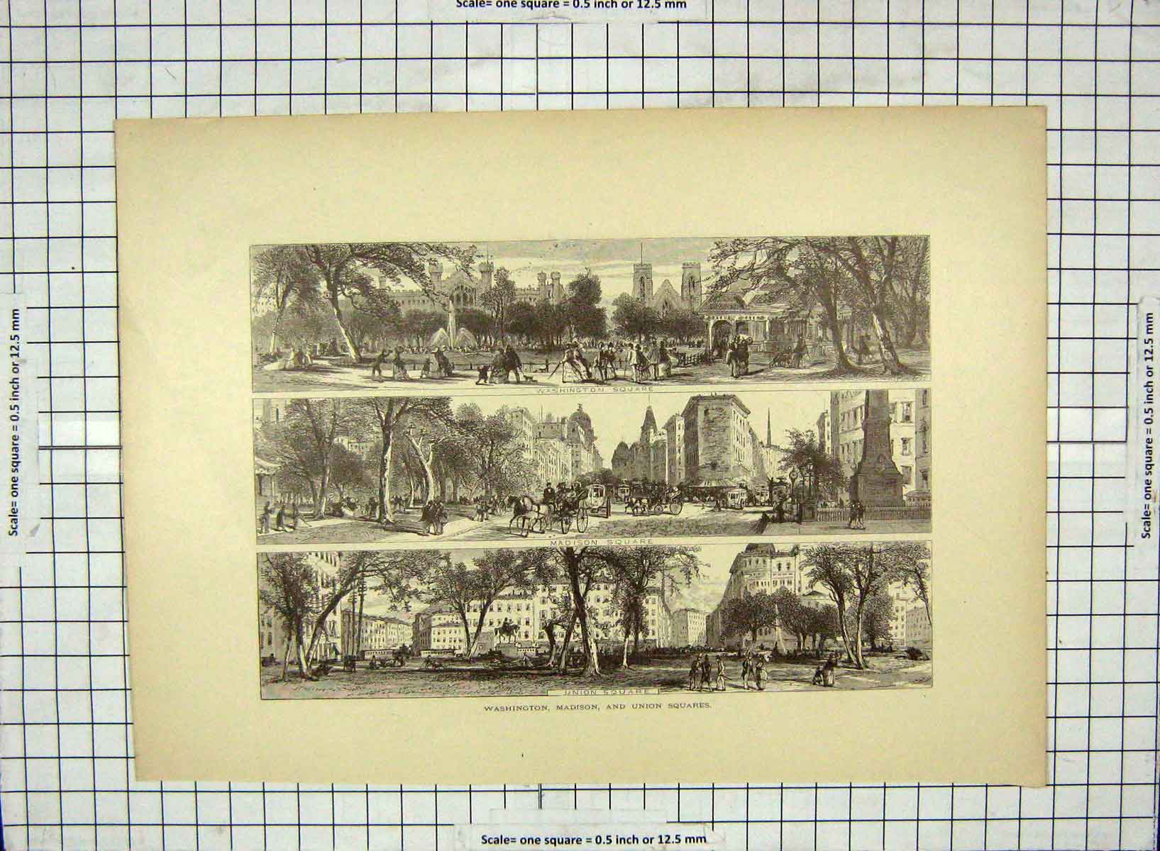 Original Old Antique Print Washington Madison Union Sqaure America Broadway