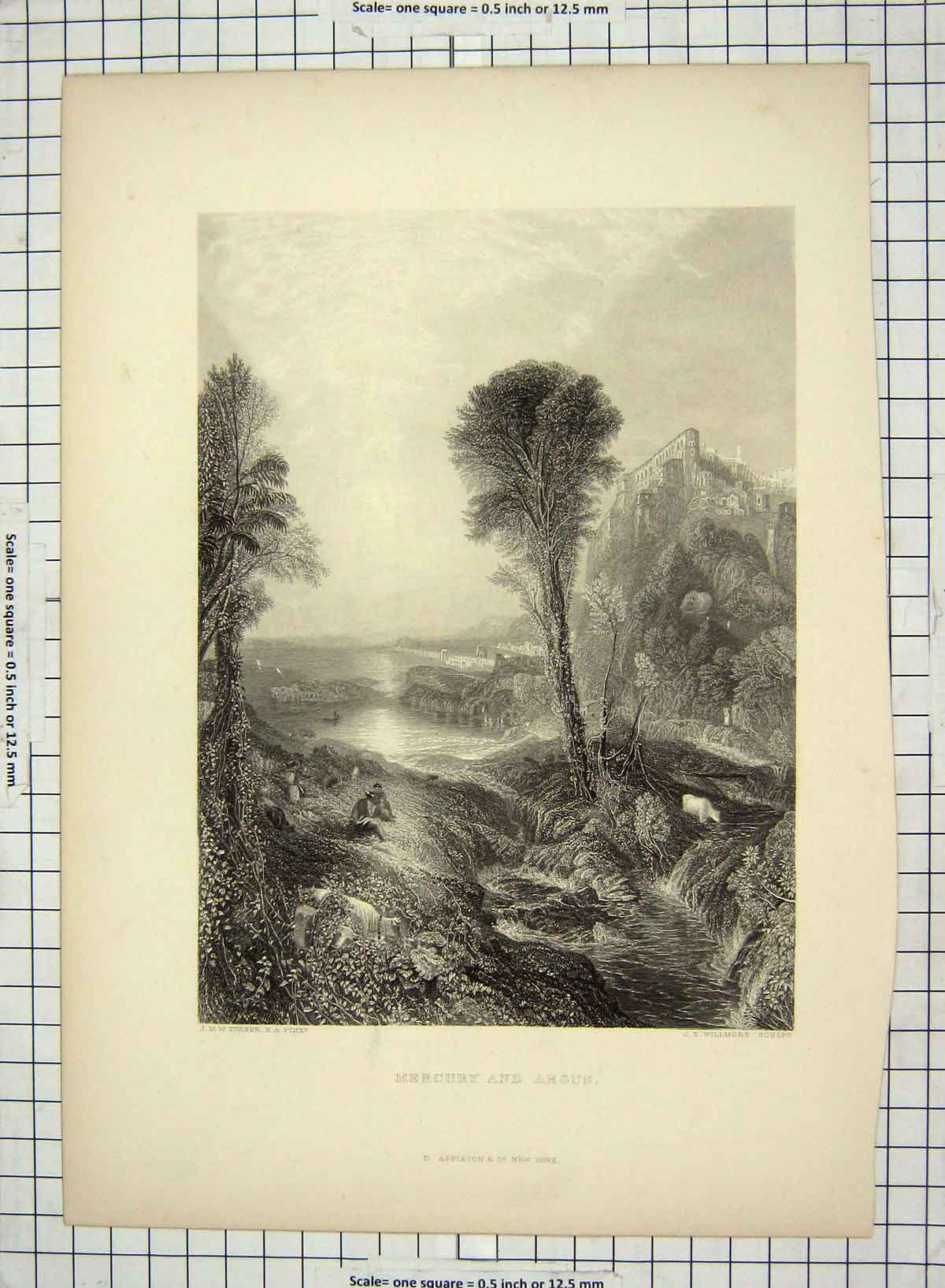 Original Old Antique Print Mercury Argus River Trees Engraving Willmore Turner