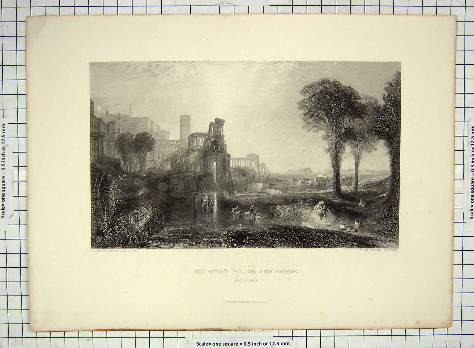 Original Old Antique Print Caligula'S Palace Bridge Bay Balae Goodall Turner