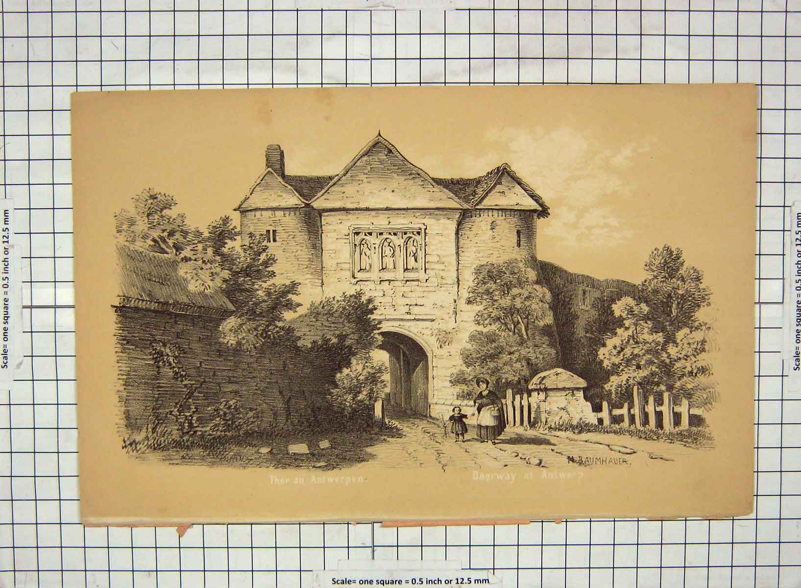 Original Old Antique Print Scene Doorway Antwerp Germany