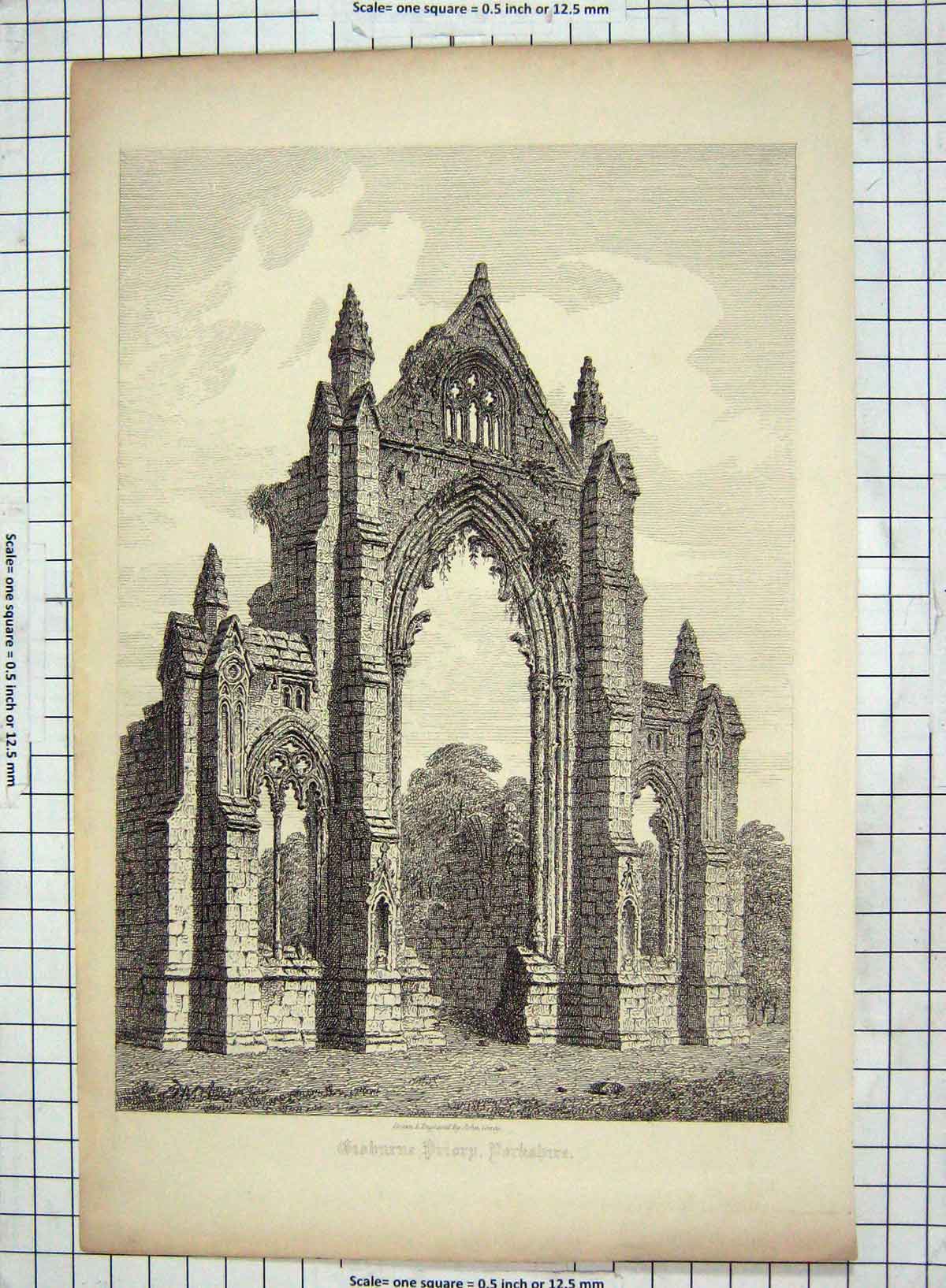 Original Old Antique Print Engraving Bisburne Priory Dorkshire John Coney