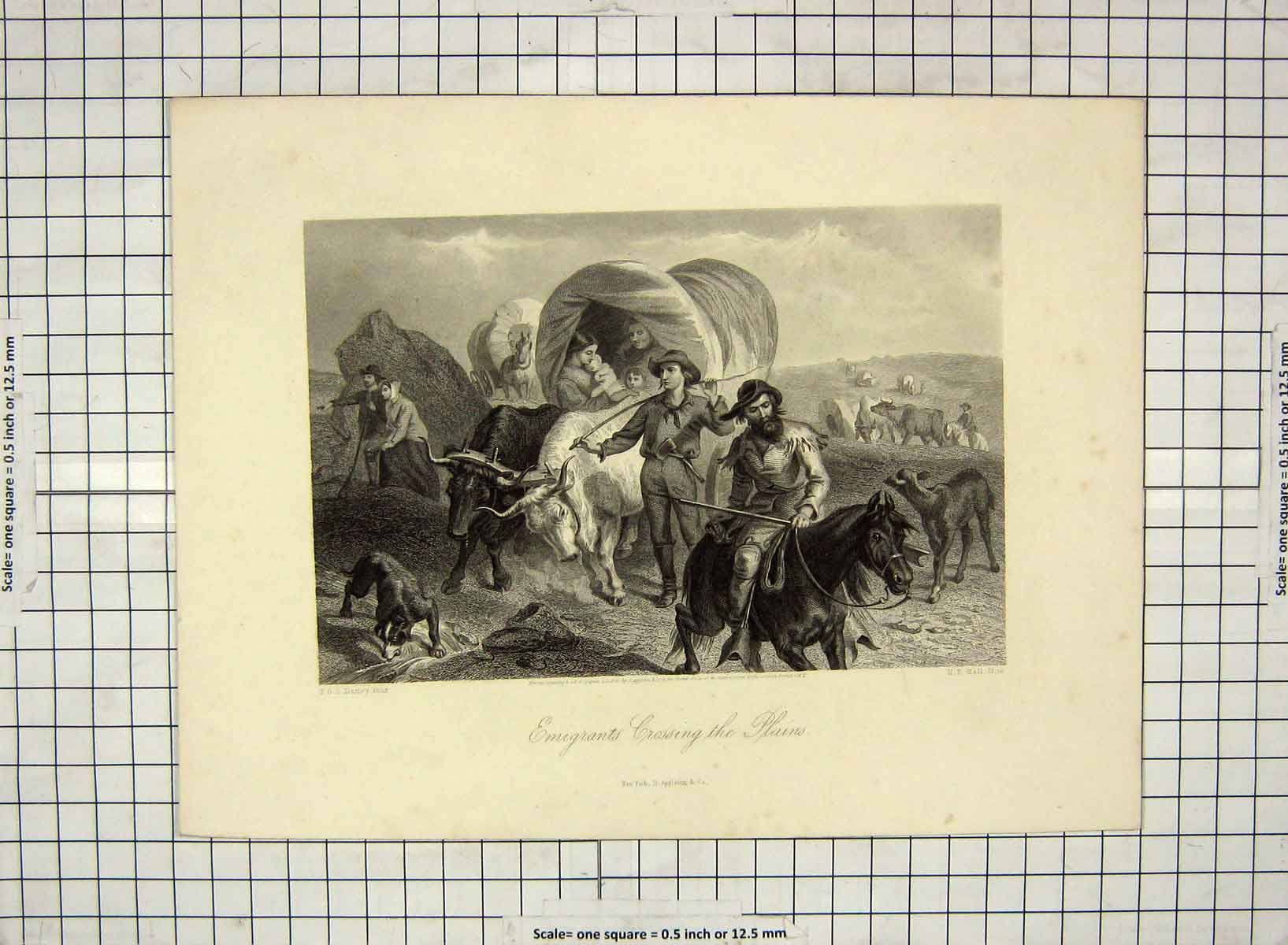 Original Old Antique Print Emigrants Crossing Plains Horses Waggons Hall Darley