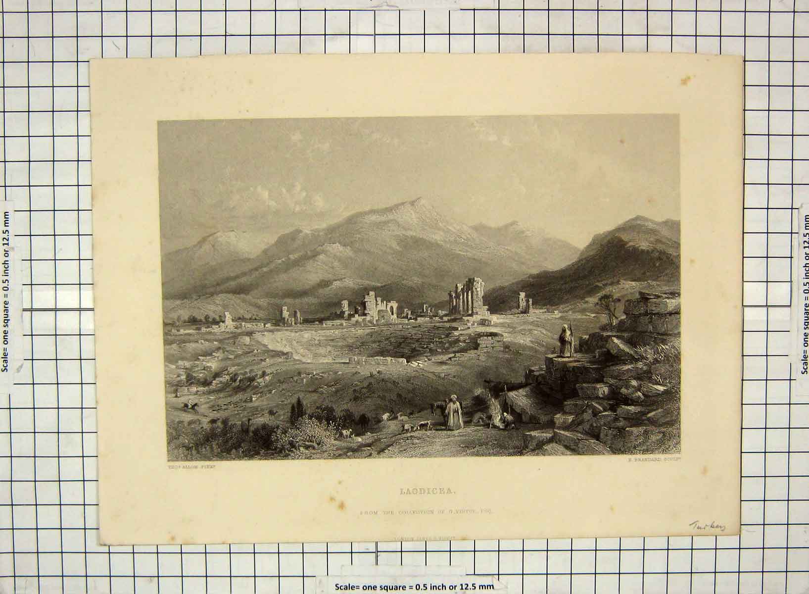 Original Old Antique Print View Laodicea Mountains Archaeology Brandard Allom