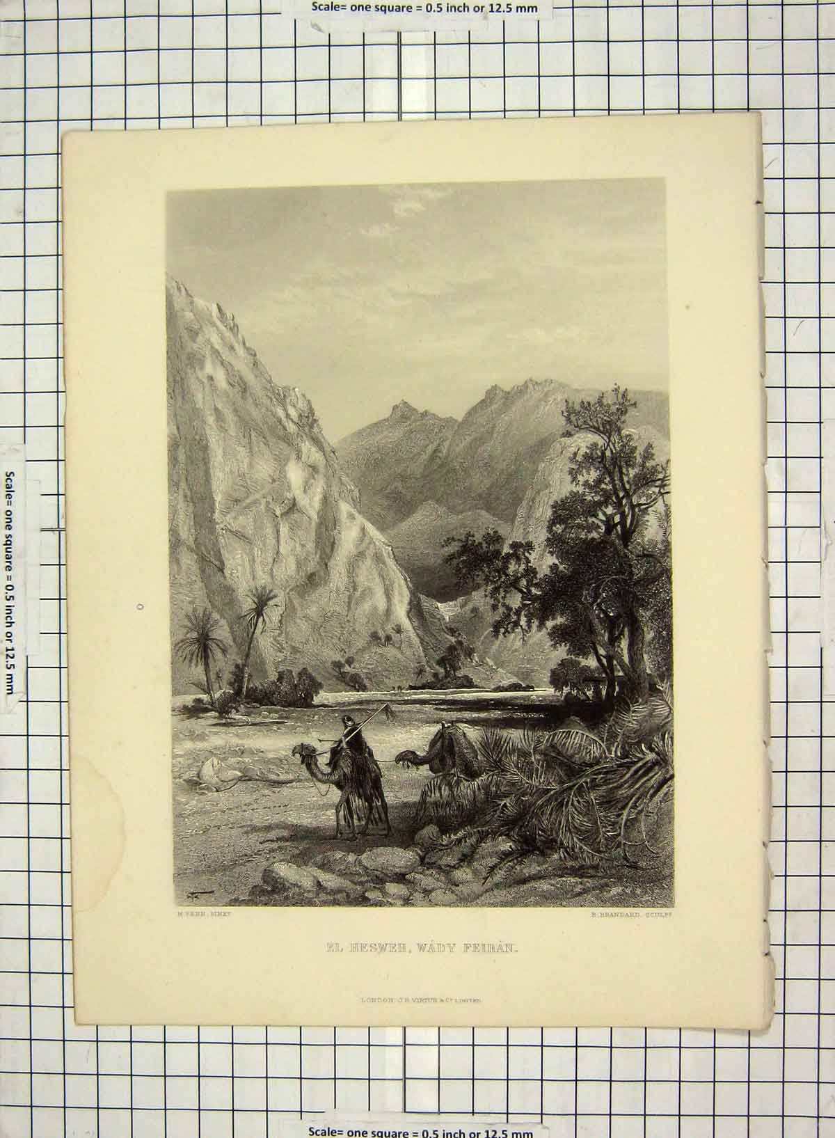 Original Old Antique Print El Hesweh Wady Feiran Camel Mountains Brandard Fenn