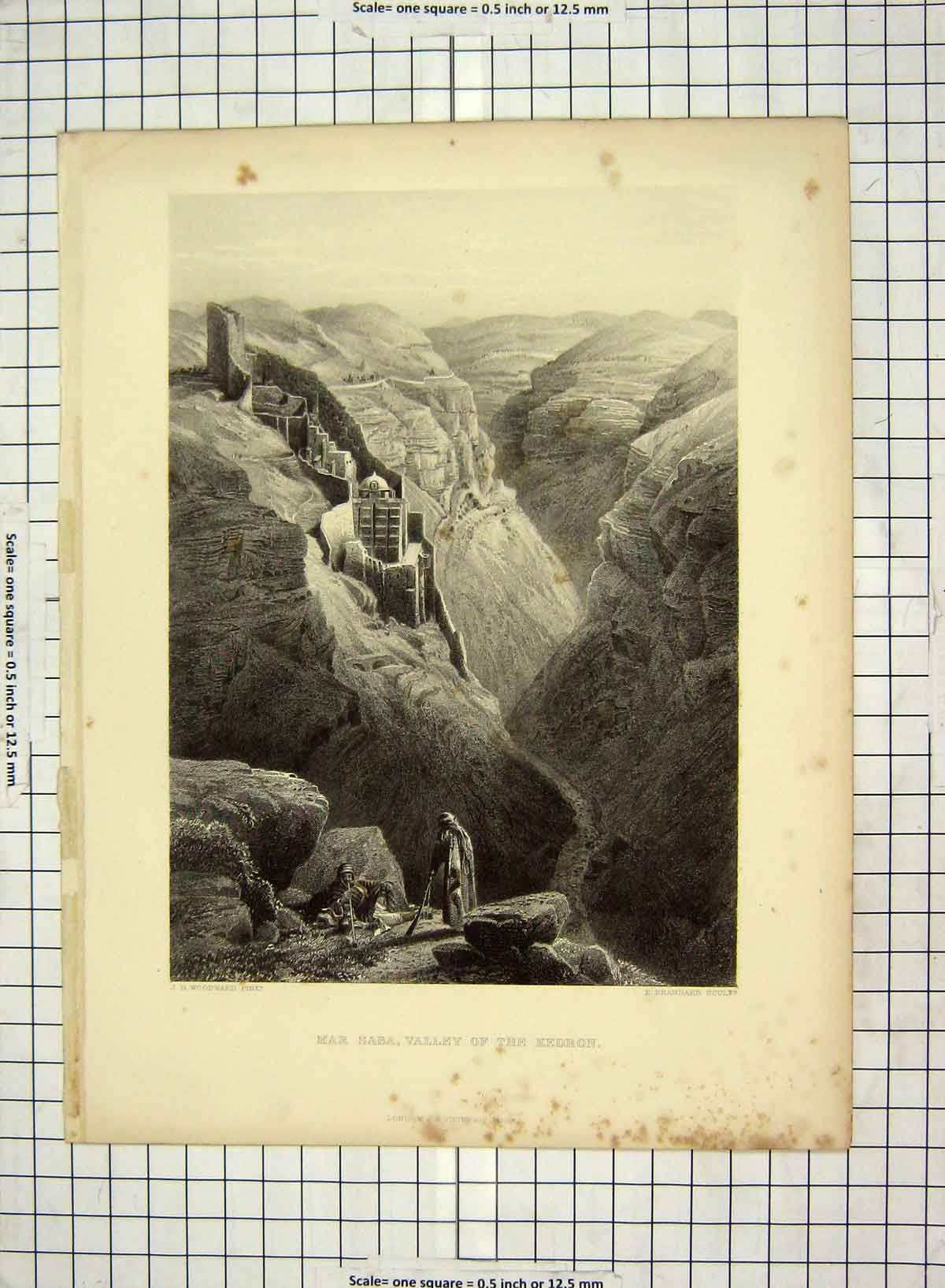 Original Old Antique Print Mar Saba Valley Kedron Cliffs Brandard Woodard