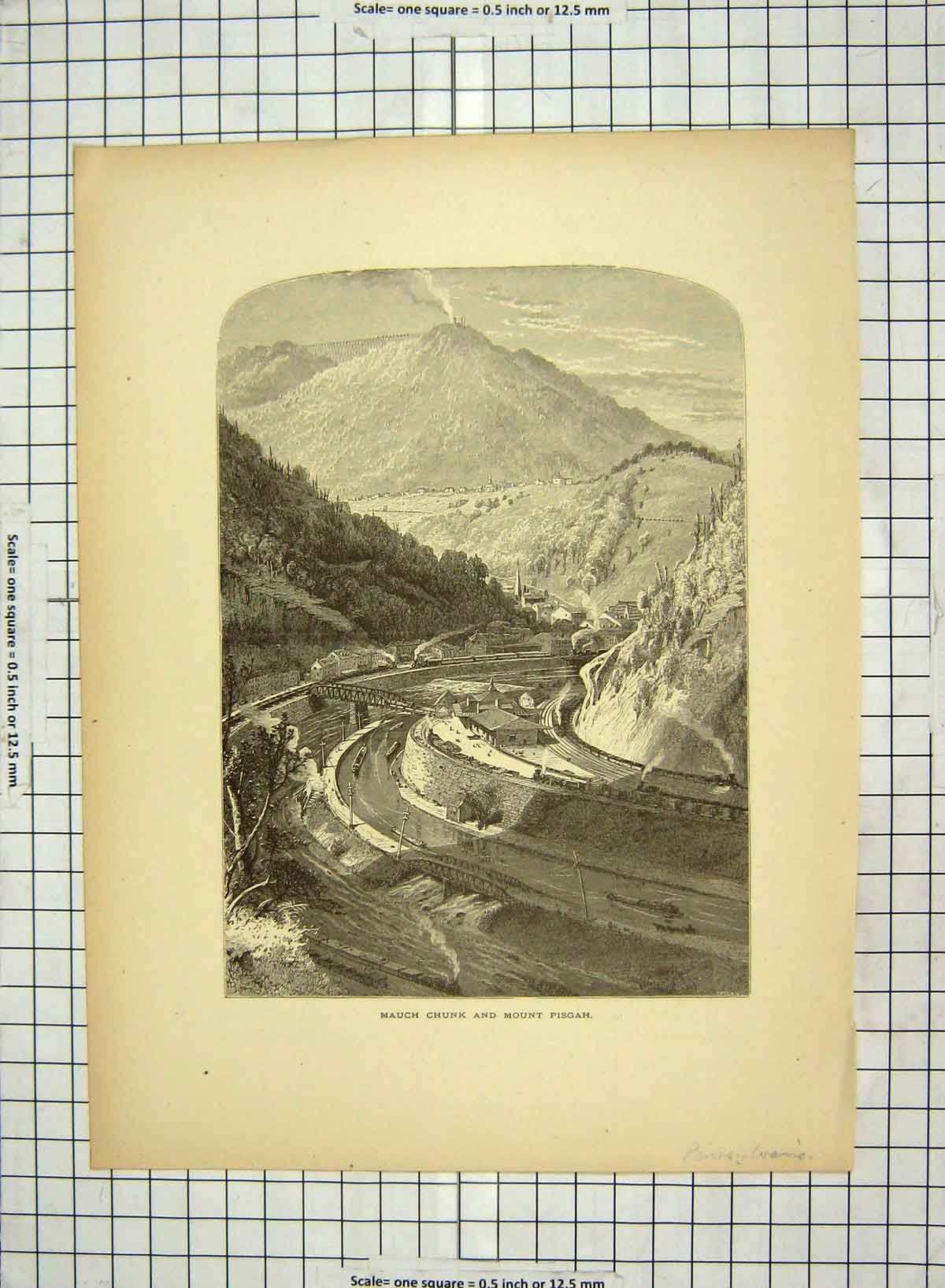 Original Old Antique Print C1880 Mauch Chunk Mount Pisgah Pennsylvania America