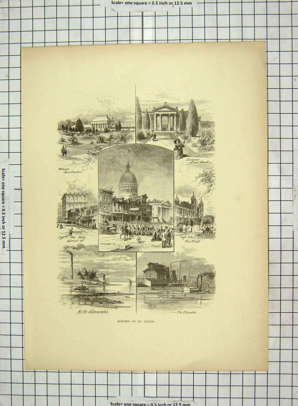 Old Antique Print C1880 St. Louis America Waterworks Garden Fourth Street 19th