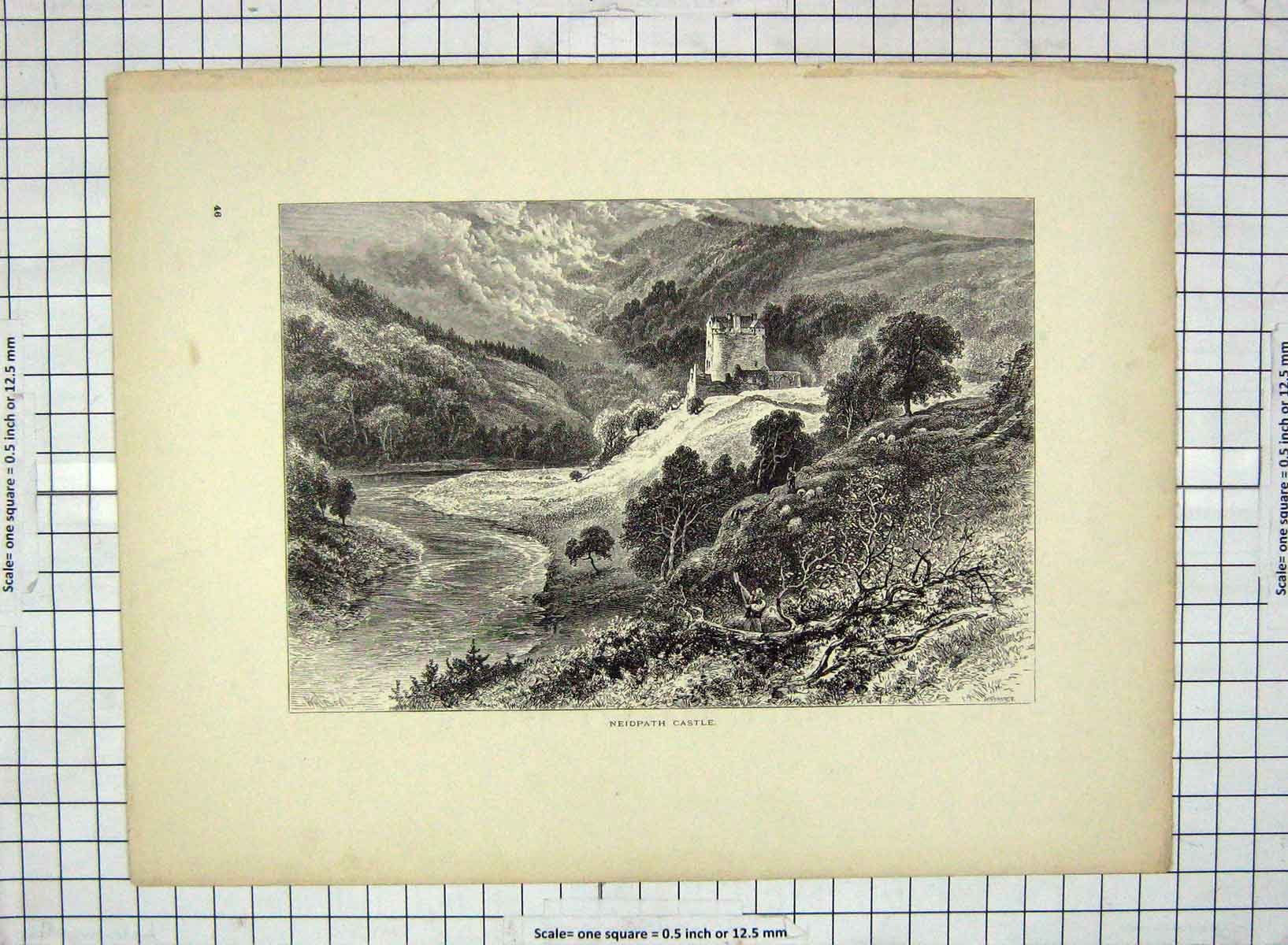 Original Old Antique Print C1880 View Neidpath Castle Mountains River Castle