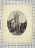 Original Old Antique Print C1880 Bell Harry Tower Canterbury Cathedral England