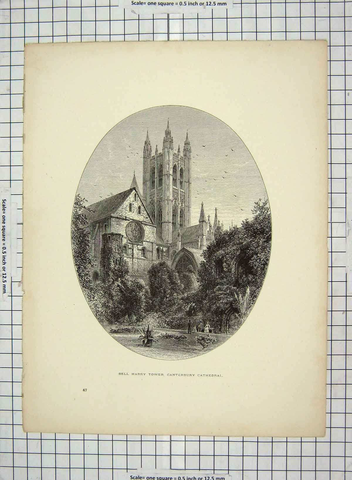 Original Old Antique Print C1880 Bell Harry Tower Canterbury Cathedral England