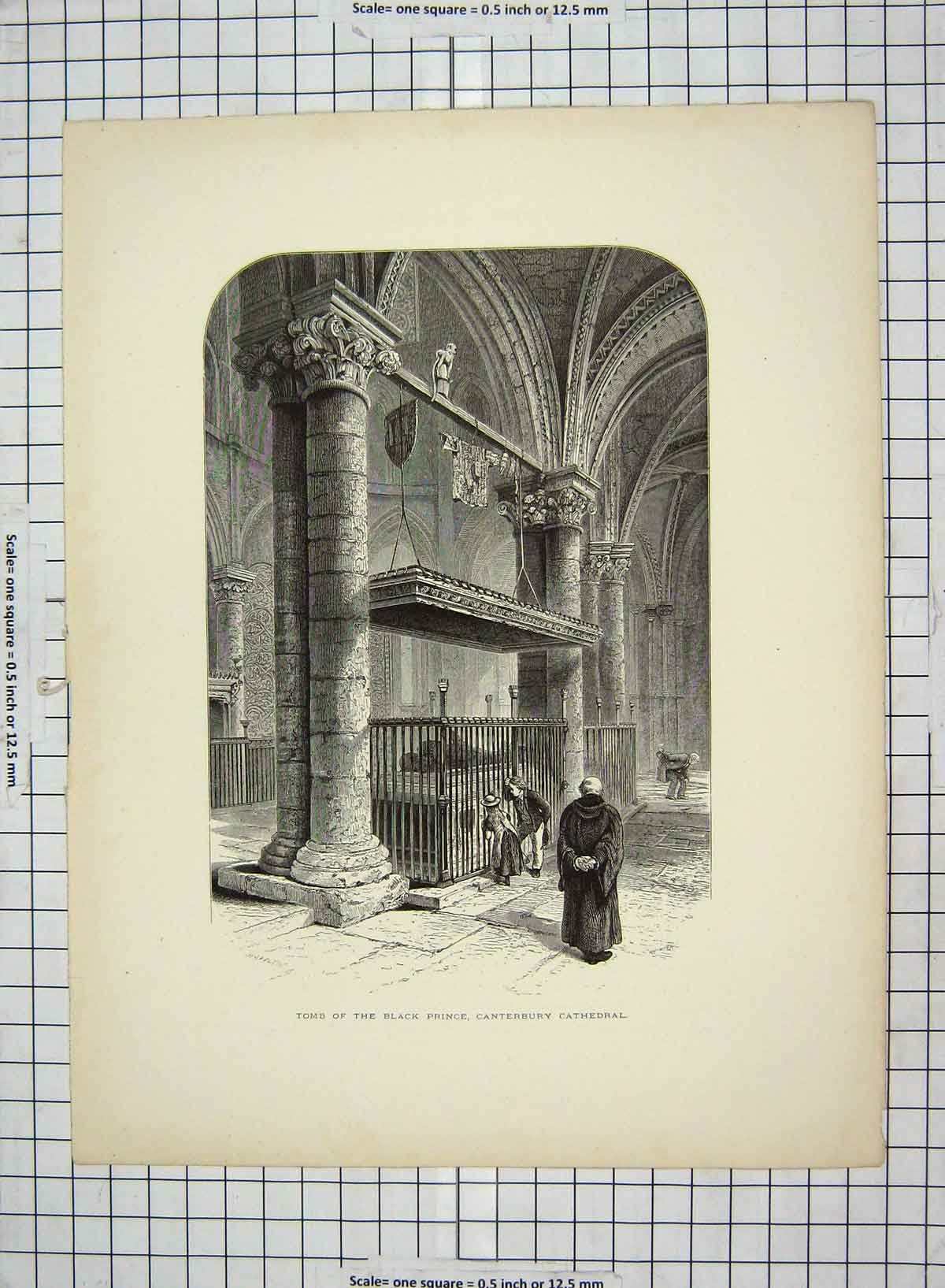 Original Old Antique Print C1880 Tomb Black Prince Canterbury Cathedral England