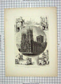 Old Antique Print C1880 Minster Gates York England Cathedral Architecture 19th