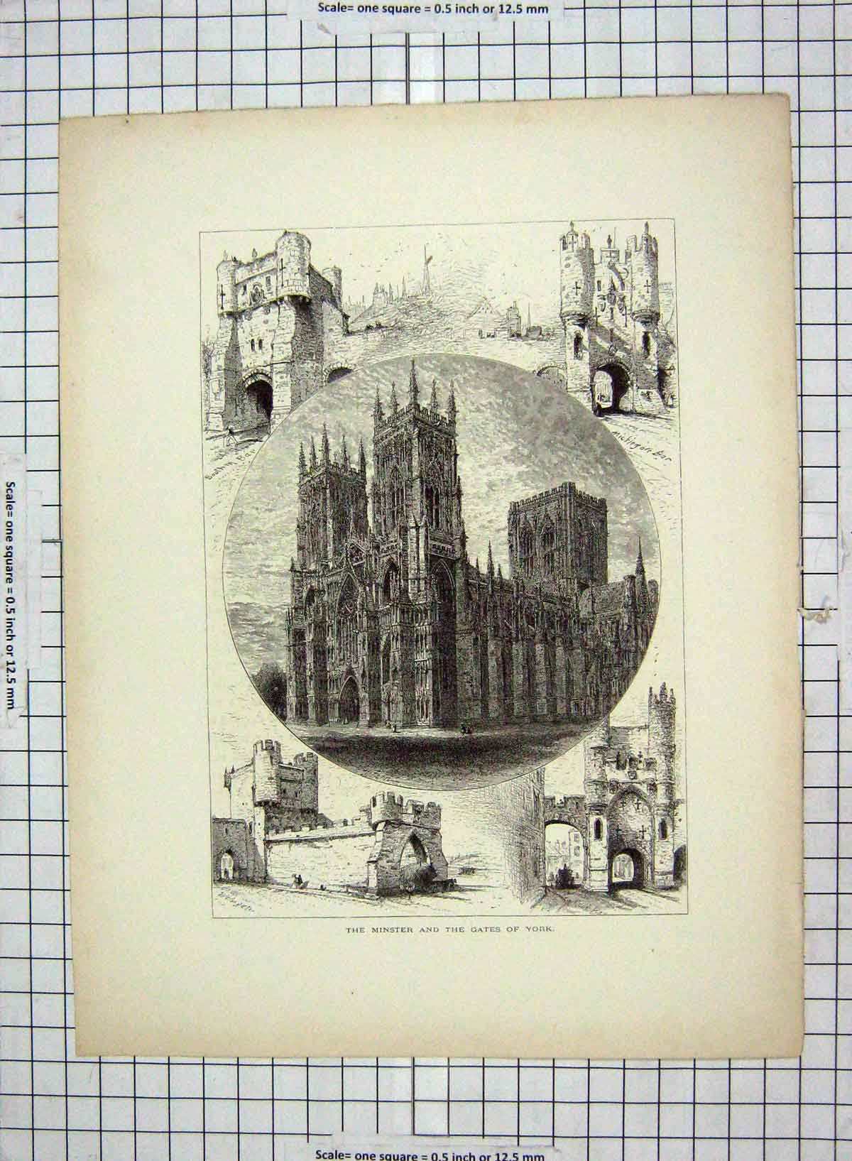 Old Antique Print C1880 Minster Gates York England Cathedral Architecture 19th