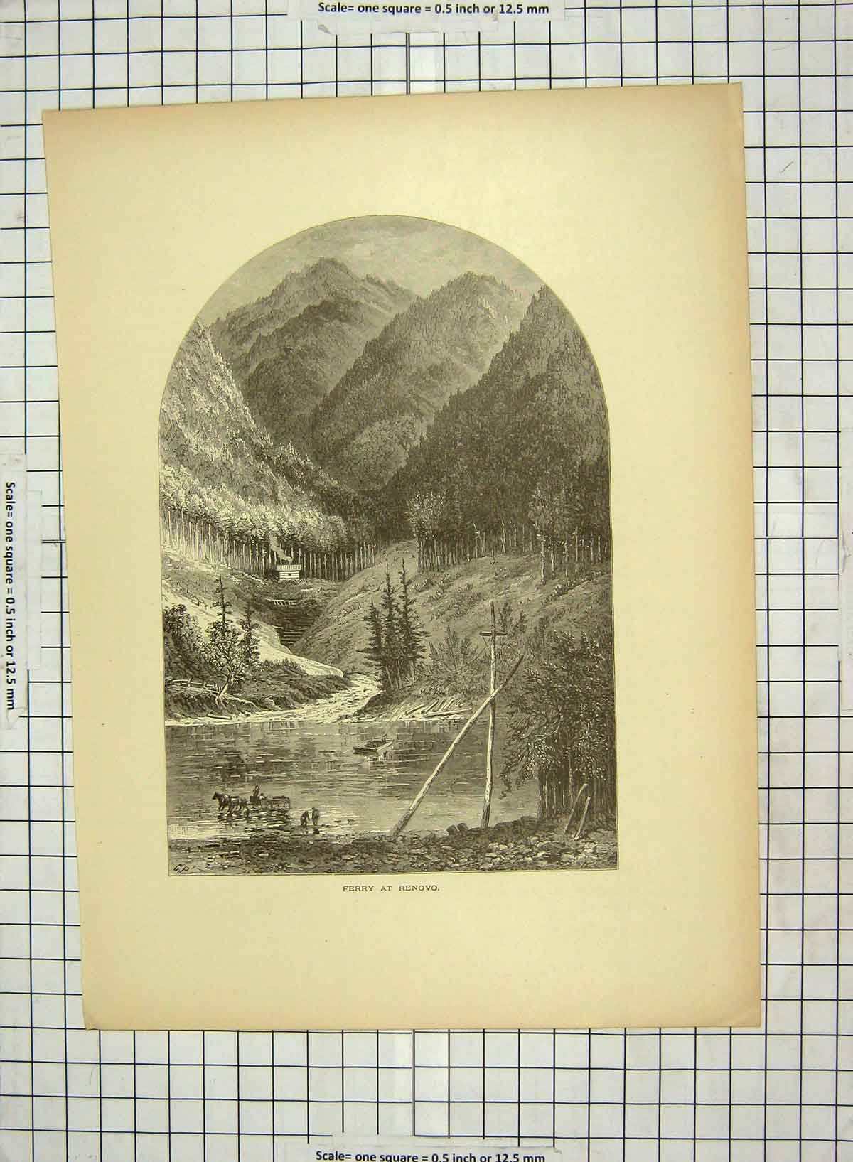 Original Old Antique Print C1880 View Ferry Renovo Mountains Trees Horse 19th