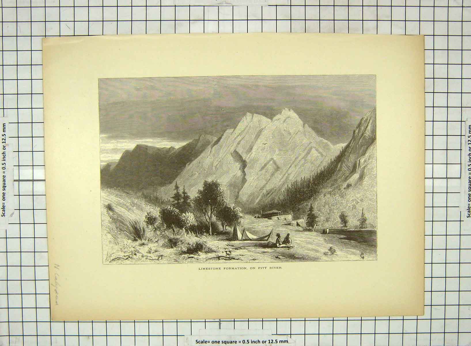 Old Antique Print C1880 Limestone Formation Pitt River Mountains America 19th