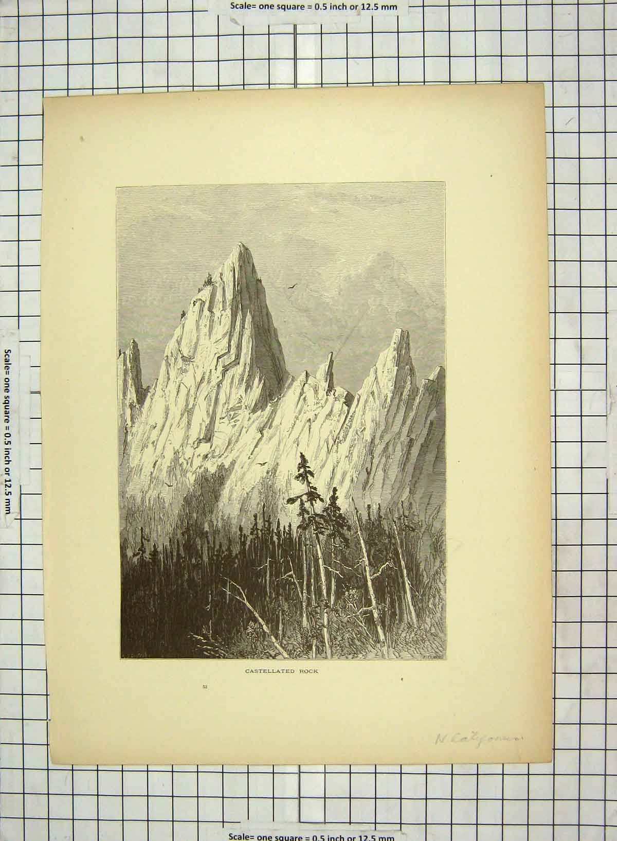 Original Old Antique Print C1880 Castellated Rock Mountains California America