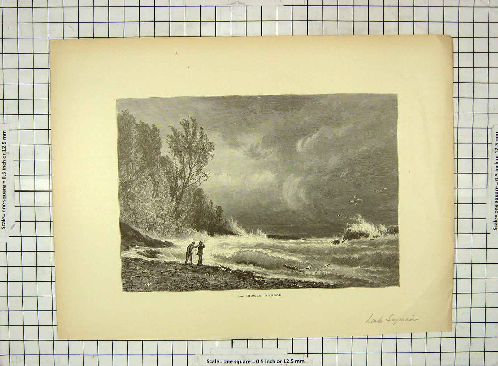 Original Old Antique Print C1880 La Crose Harbor Stormy Sea Lake Superior 19th