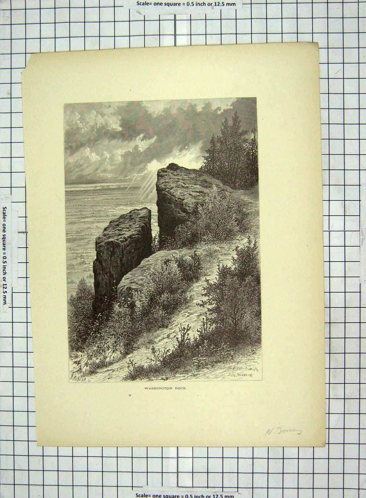 Original Old Antique Print C1880 View Washington Rock Sea Trees Javernier 19th