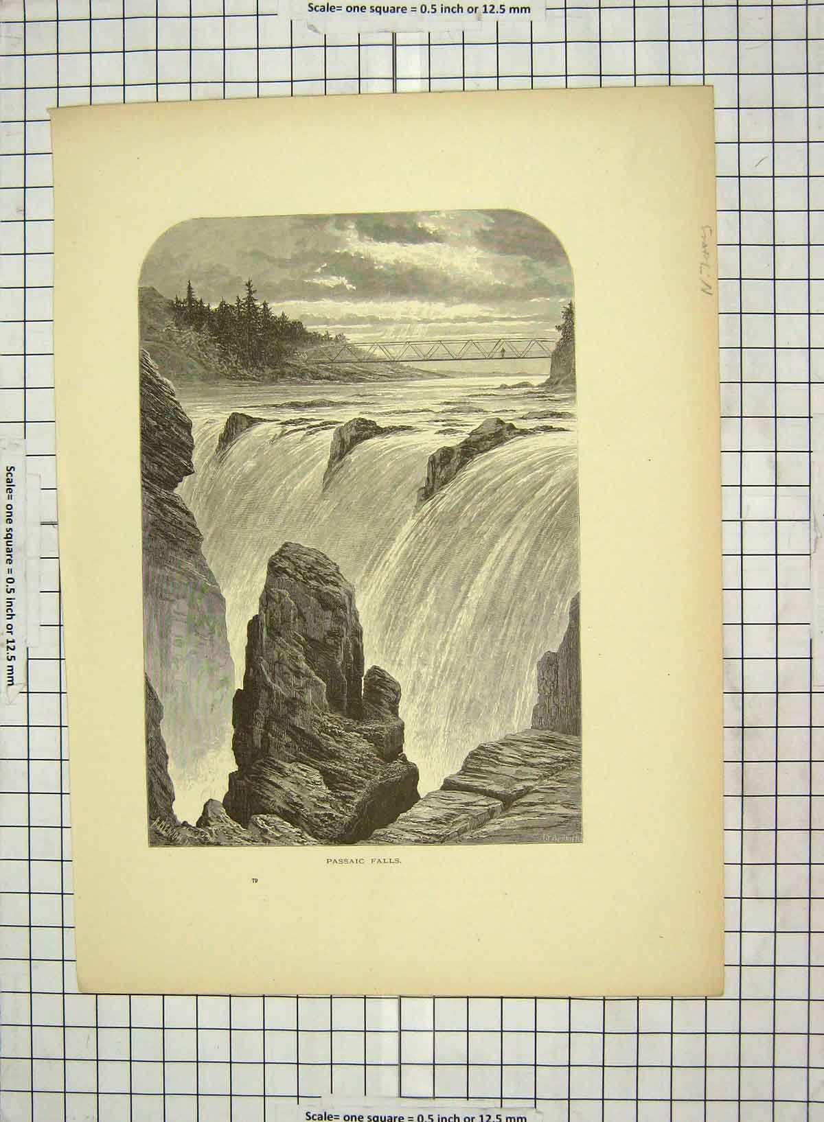 Original Old Antique Print C1880 View Passaic Falls River Bridge 19th