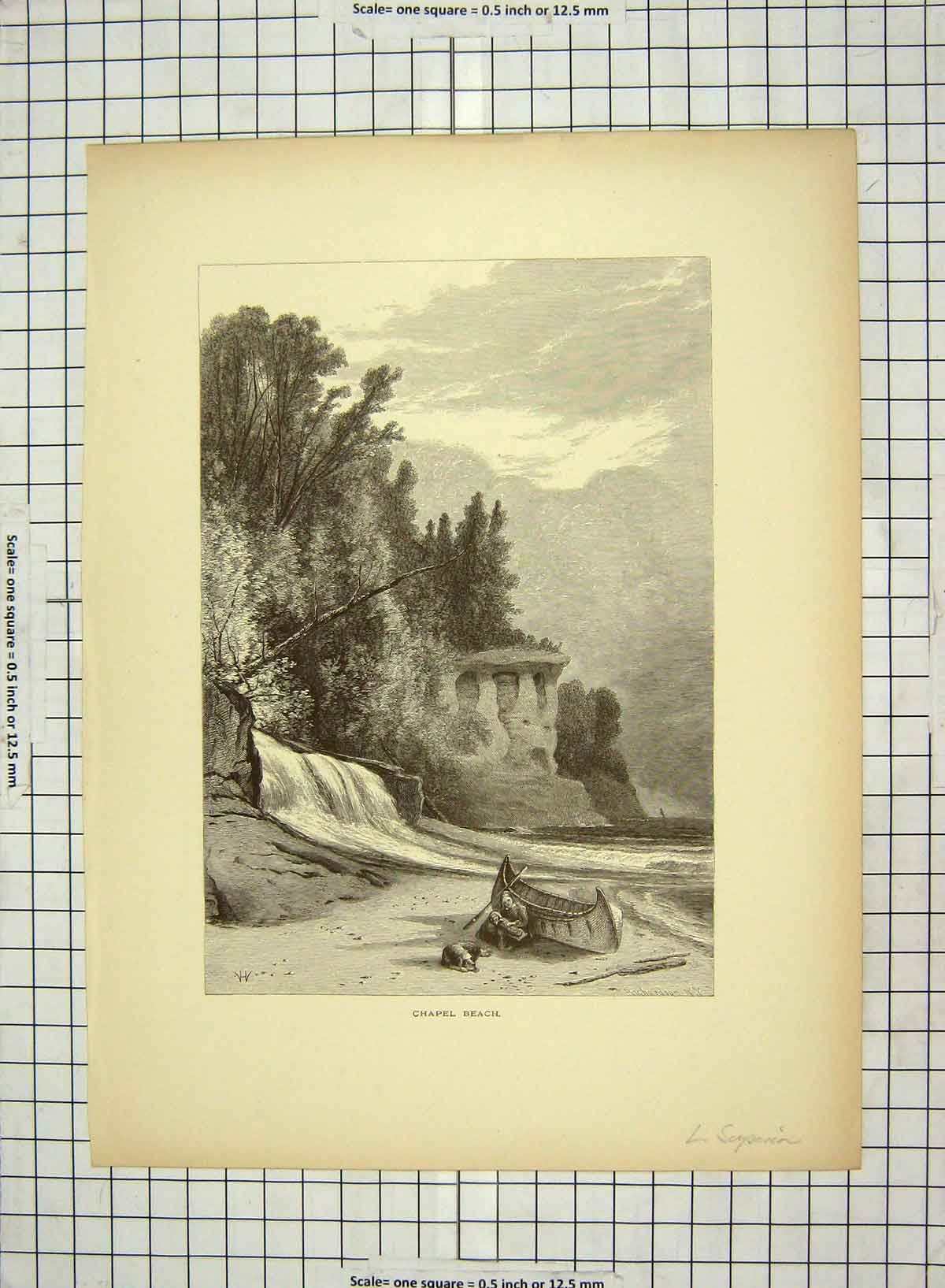 Original Old Antique Print C1880 View Chapel Beach Superior Trees Boat Superior