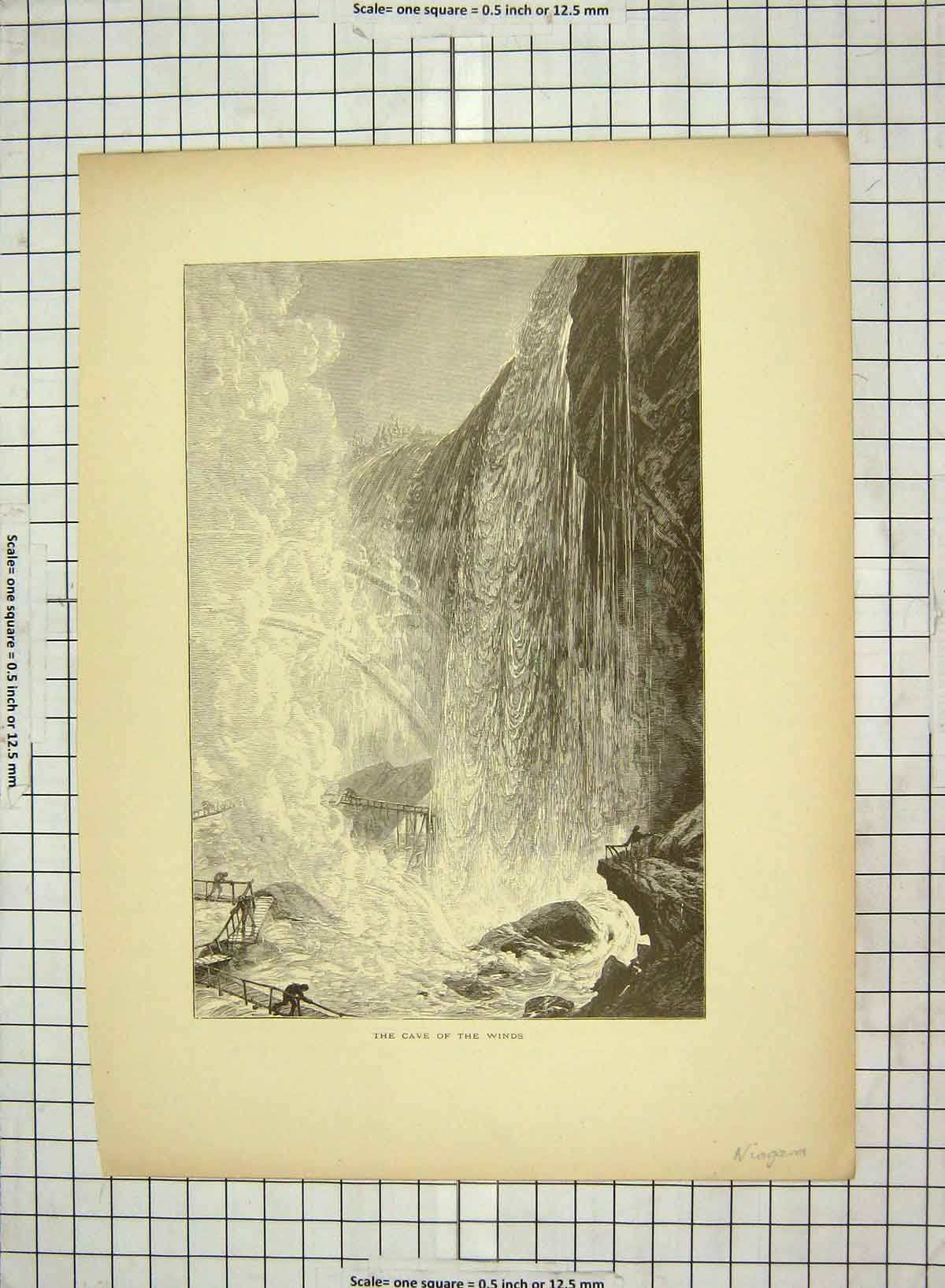 Original Old Antique Print C1880 View Cave Winds Niagara Waterfalls America
