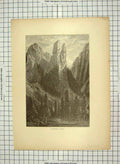 Old Antique Print C1880 Cathedral Spires Trees Mountains Yosemite America 19th